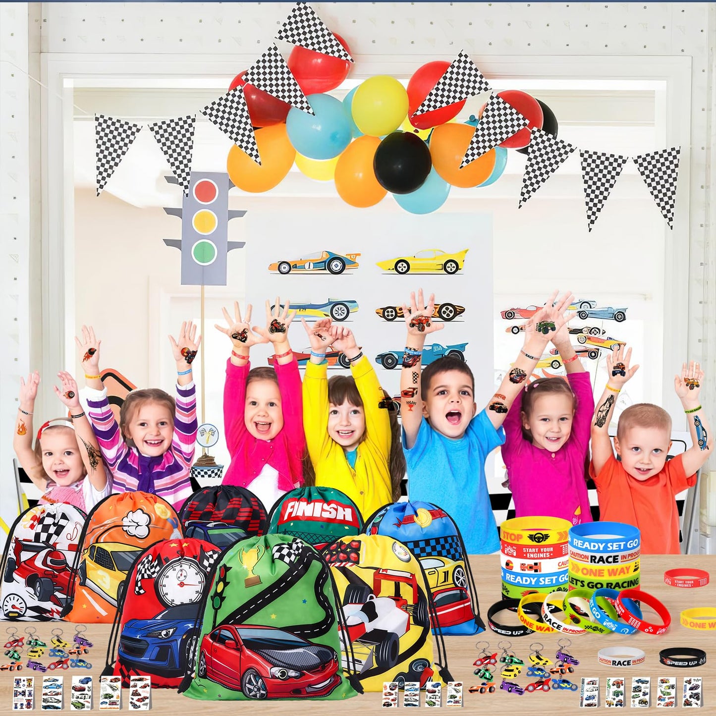 Winrayk Race Car Party Favors — 12 Sets with Drawstring Bags, Glow Tattoos & More