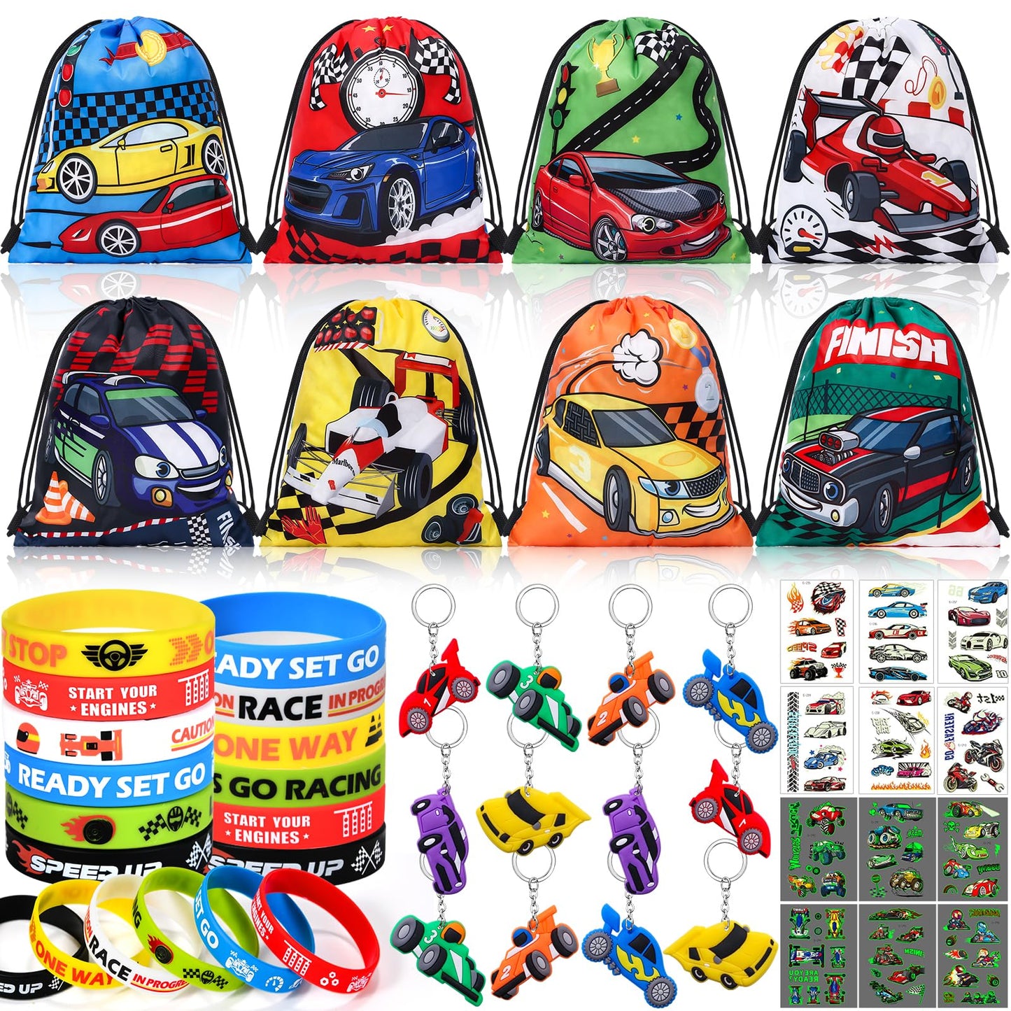 Winrayk Race Car Party Favors — 12 Sets with Drawstring Bags, Glow Tattoos & More