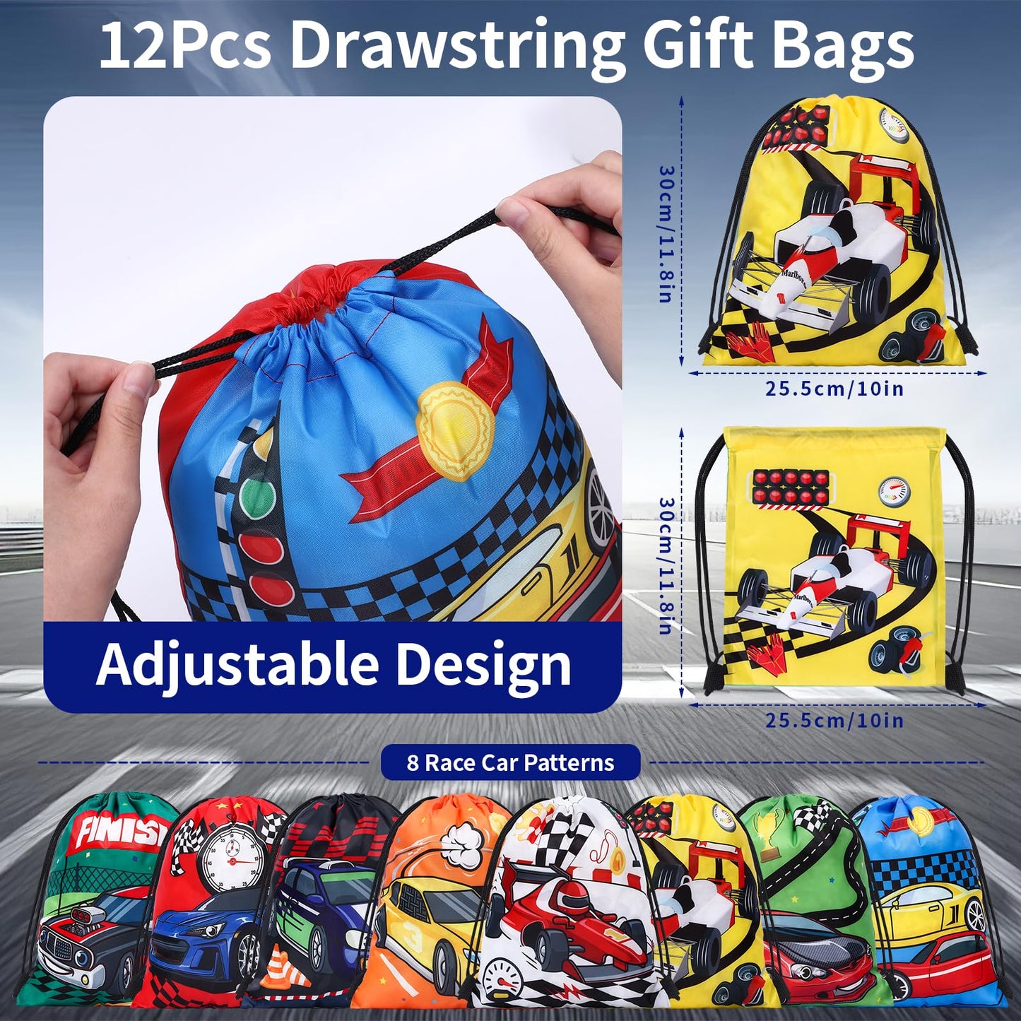Winrayk Race Car Party Favors — 12 Sets with Drawstring Bags, Glow Tattoos & More