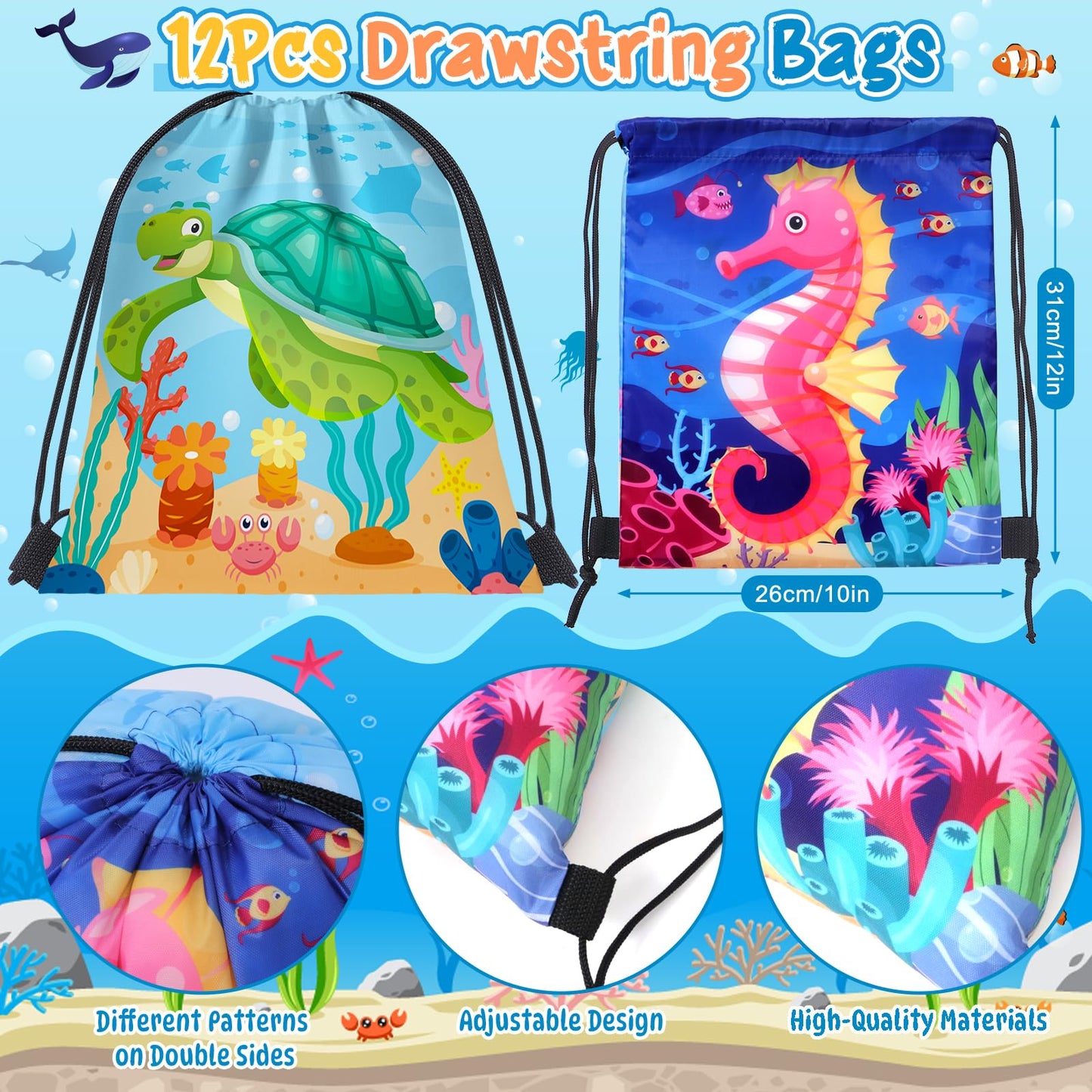 Winrayk 12 Sets Under the Sea Party Favors — Drawstring Bags, Silicone Wristbands, Glow Tattoos & Keychains