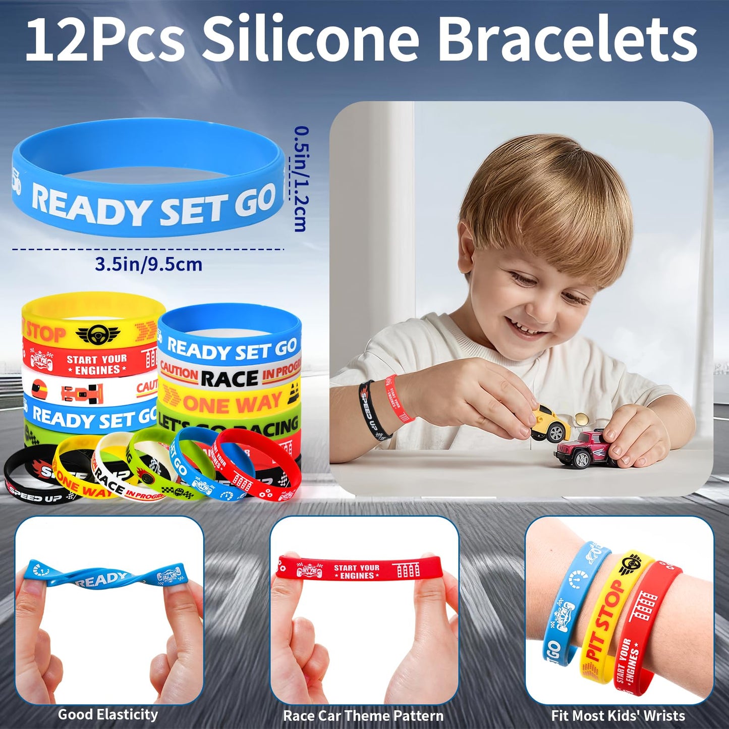 Winrayk Race Car Party Favors — 12 Sets with Drawstring Bags, Glow Tattoos & More