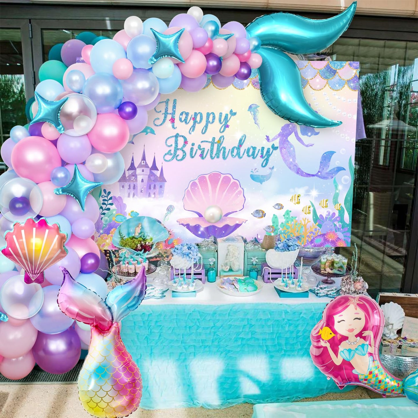 Winrayk Little Mermaid Birthday Decorations – Pink & Purple Balloon Arch Kit, Backdrop, Mermaid Tail Balloons