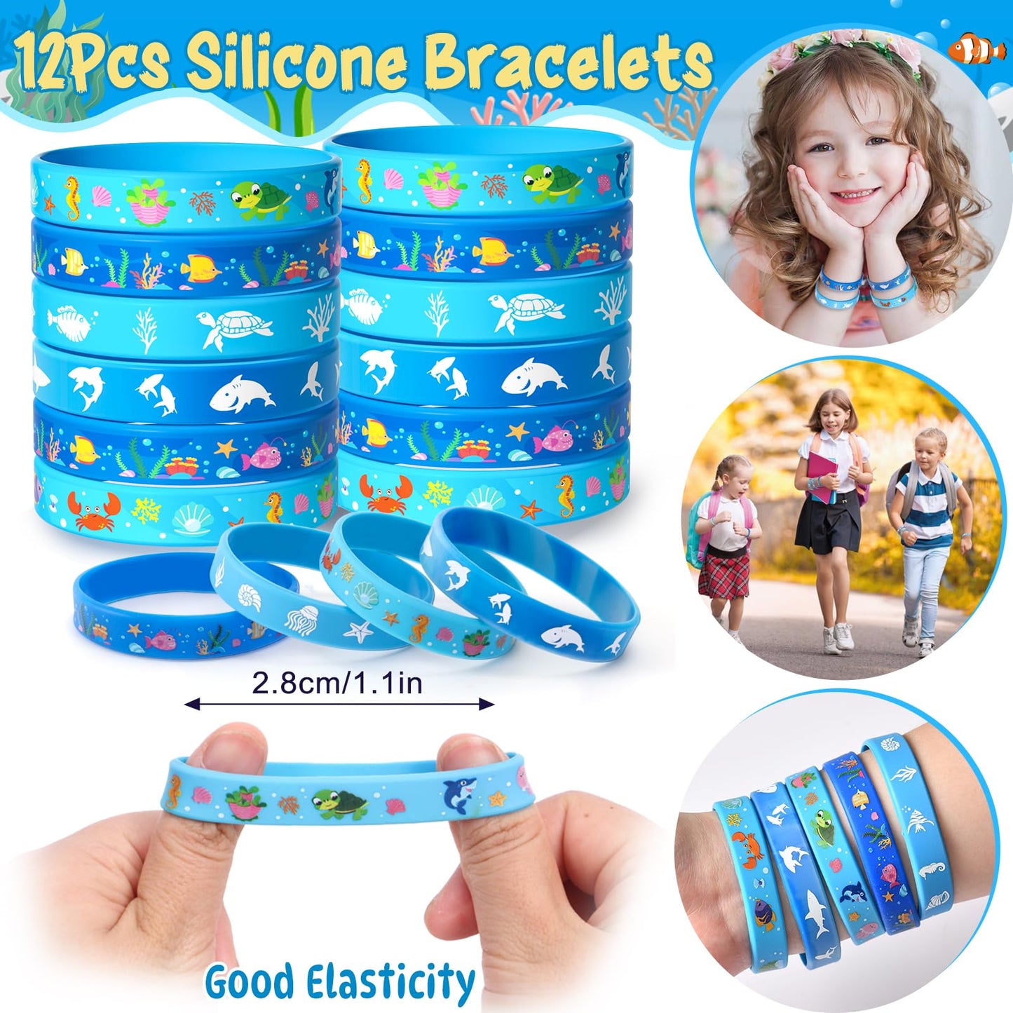 Winrayk 12 Sets Under the Sea Party Favors — Drawstring Bags, Silicone Wristbands, Glow Tattoos & Keychains