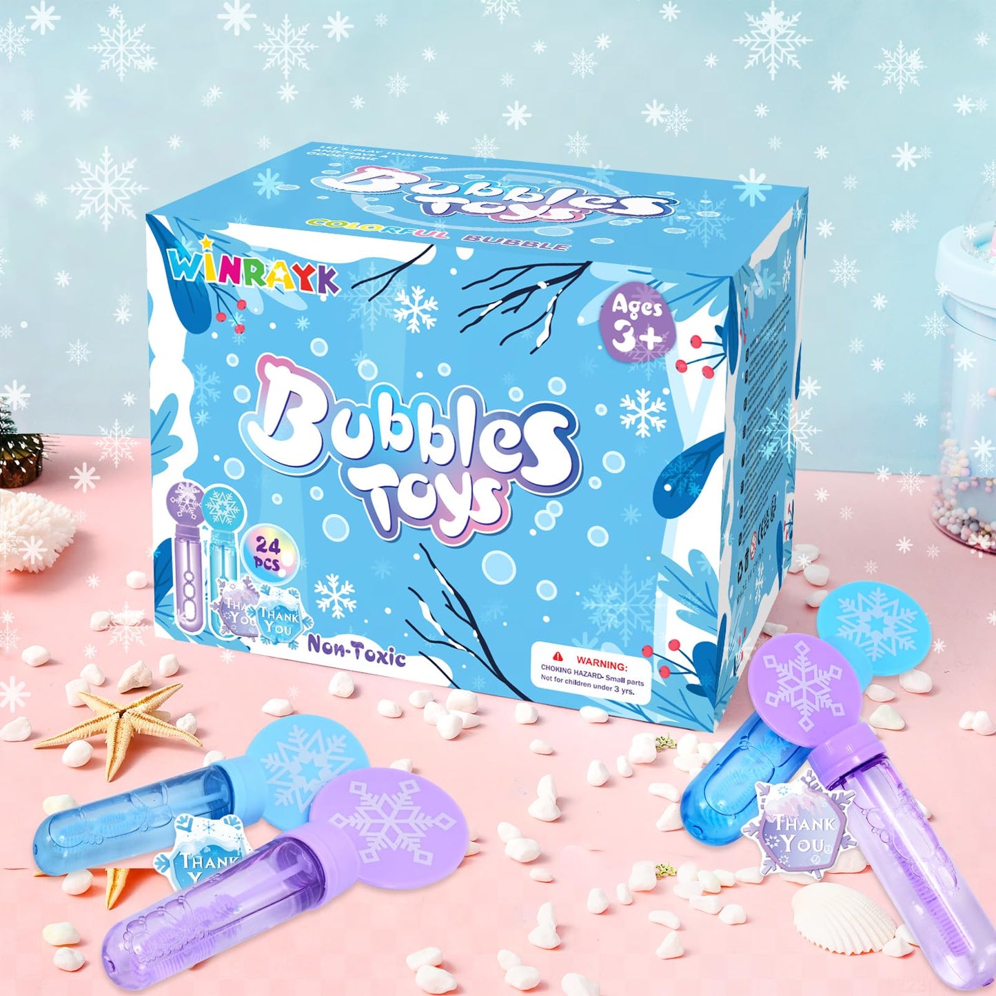 Winrayk 24 Large Snowflake Bubble Wands with Gift Card – Winter Party Favors for Kids
