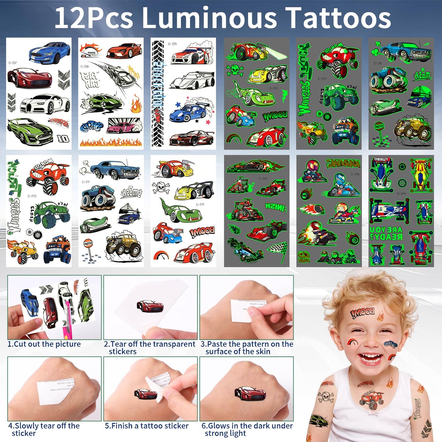 Winrayk Race Car Party Favors — 12 Sets with Drawstring Bags, Glow Tattoos & More