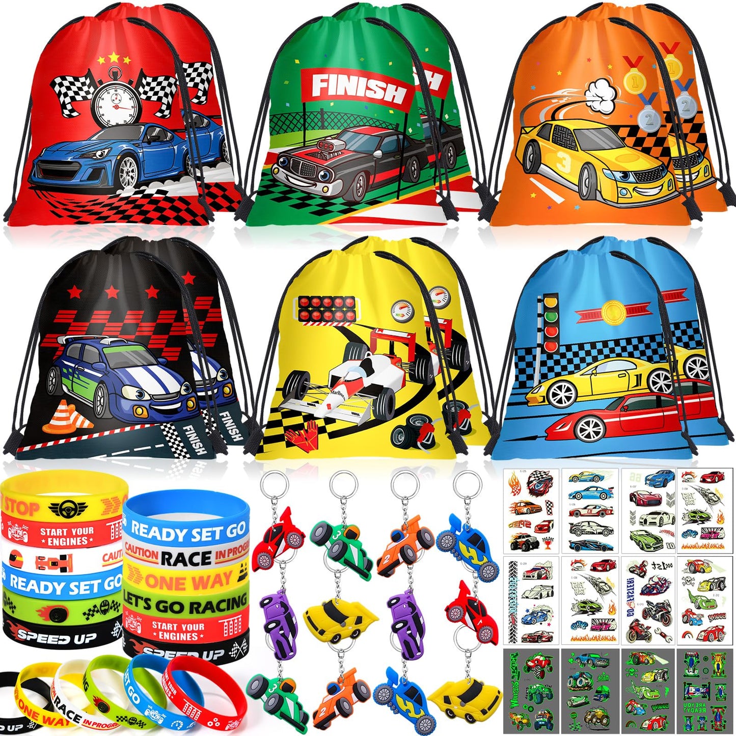 Winrayk Race Car Party Favors — 12 Sets with Drawstring Bags, Glow Tattoos & More