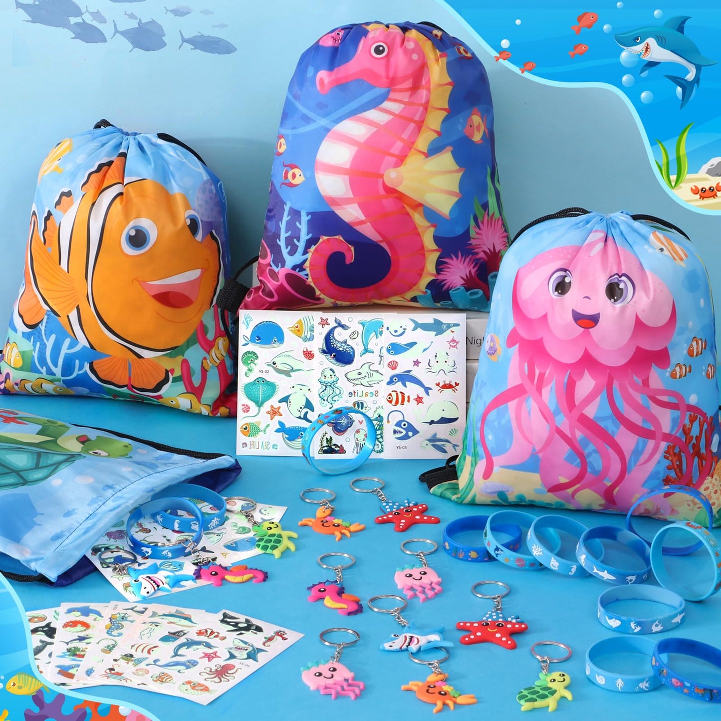Winrayk 12 Sets Under the Sea Party Favors — Drawstring Bags, Silicone Wristbands, Glow Tattoos & Keychains