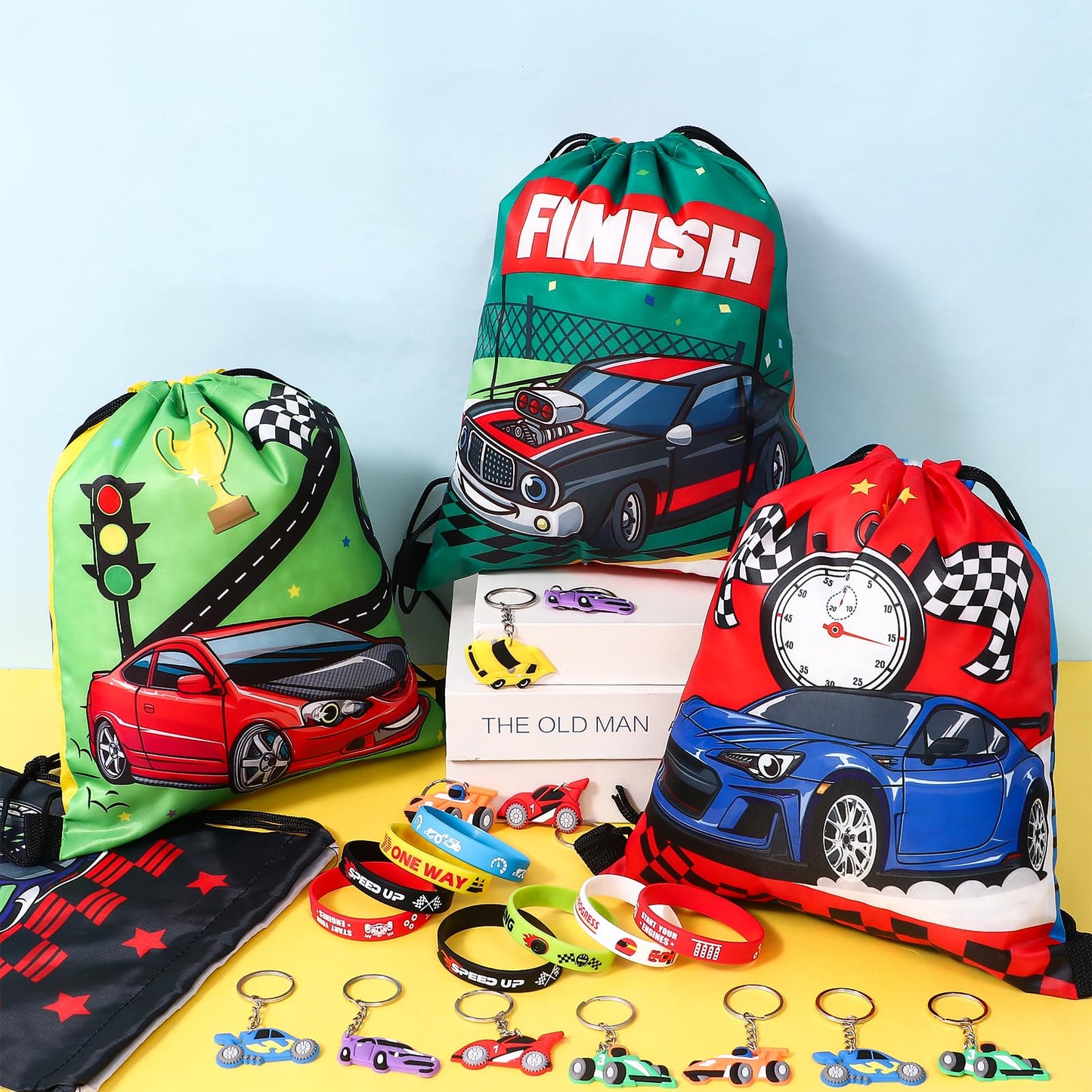 Winrayk Race Car Party Favors — 12 Sets with Drawstring Bags, Glow Tattoos & More