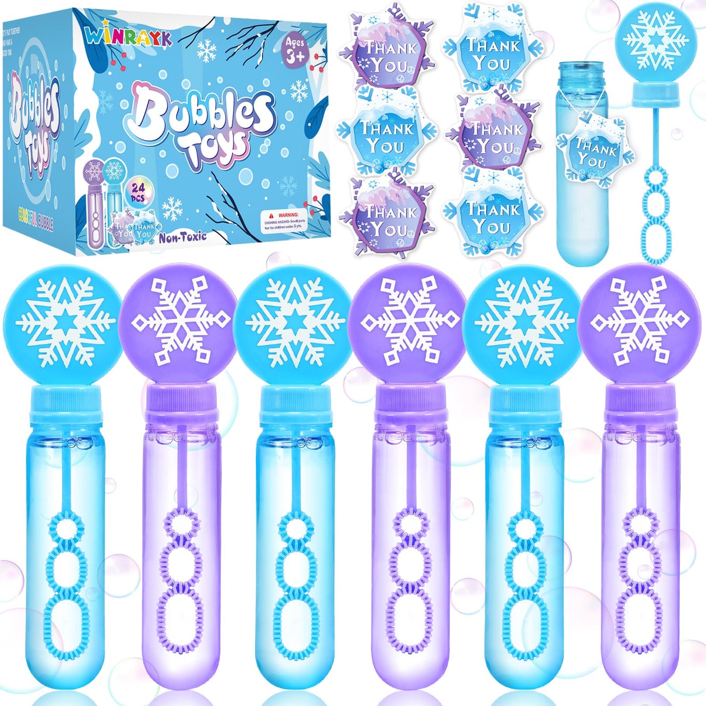 Winrayk 24 Large Snowflake Bubble Wands with Gift Card – Winter Party Favors for Kids