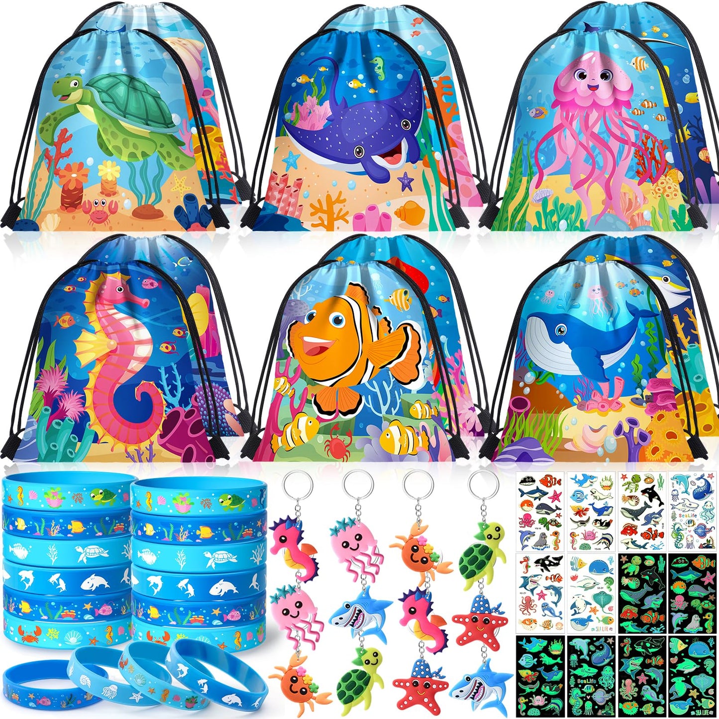 Winrayk 12 Sets Under the Sea Party Favors — Drawstring Bags, Silicone Wristbands, Glow Tattoos & Keychains