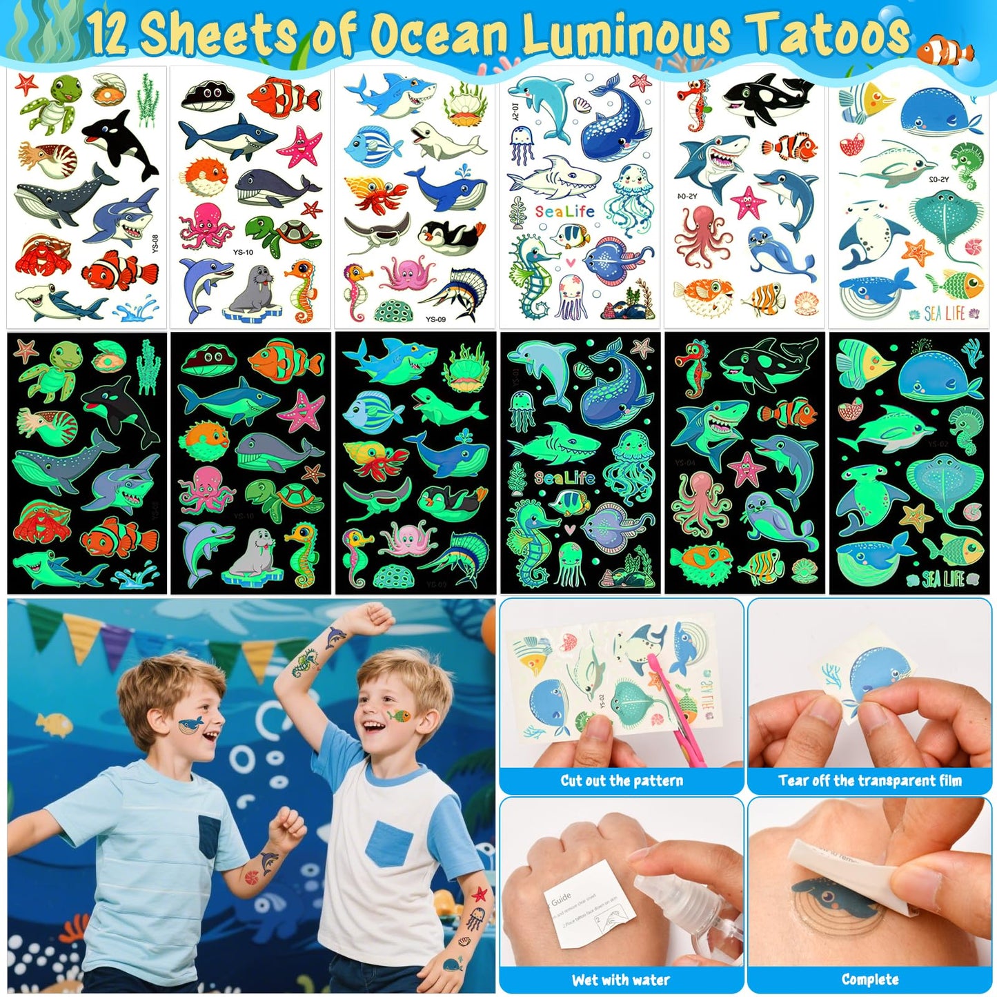 Winrayk 12 Sets Under the Sea Party Favors — Drawstring Bags, Silicone Wristbands, Glow Tattoos & Keychains