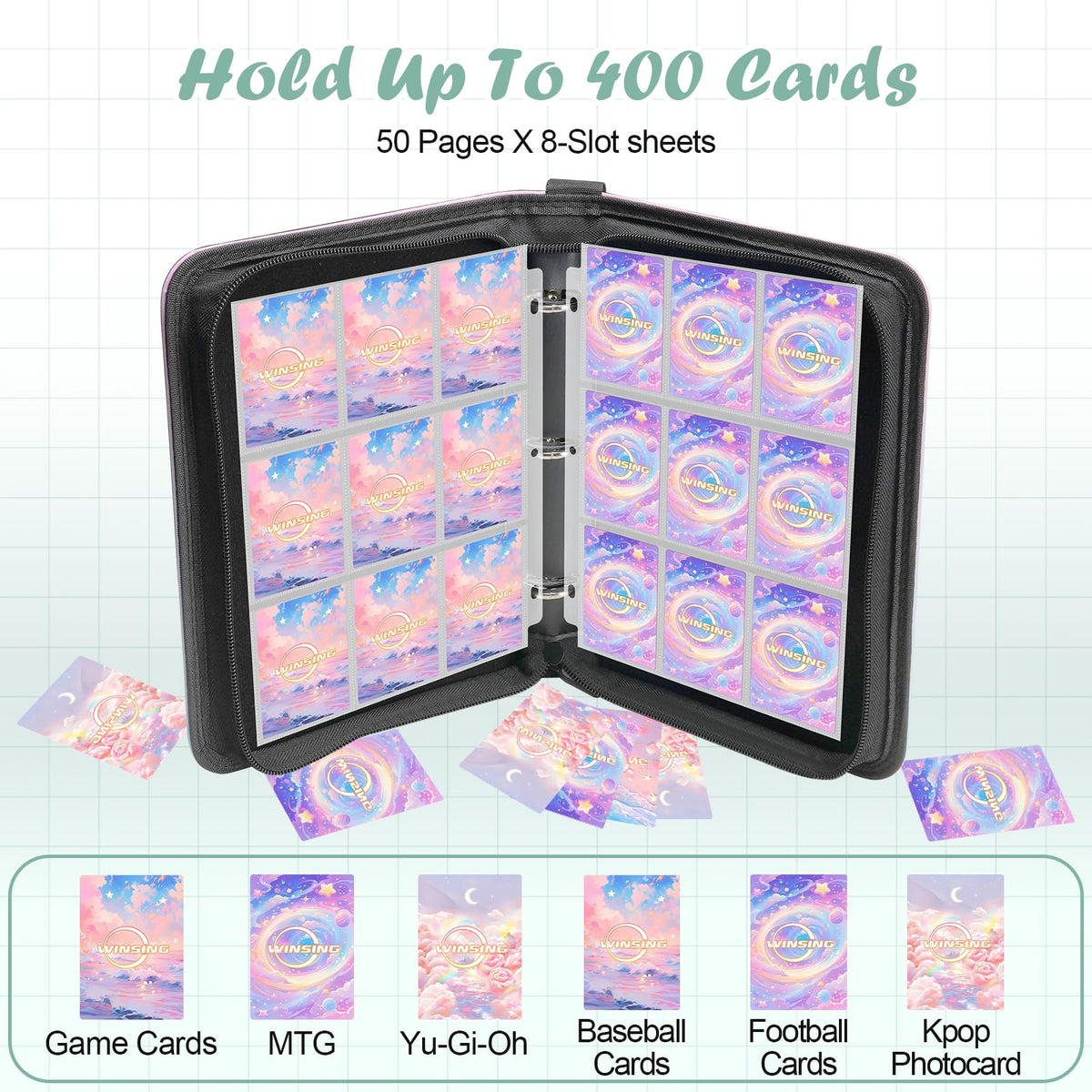 Winsing Card Binder 4-Pocket: 400 Card Holder for Photocards, Pink