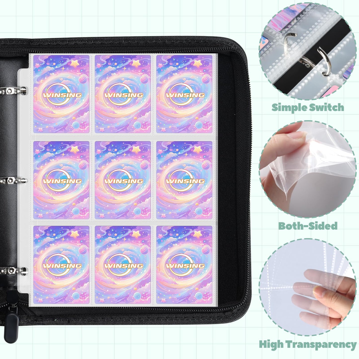Winsing Card Binder 9-Pocket – 900 Pockets, Pink & Blue Card Holder for Games & Photocards
