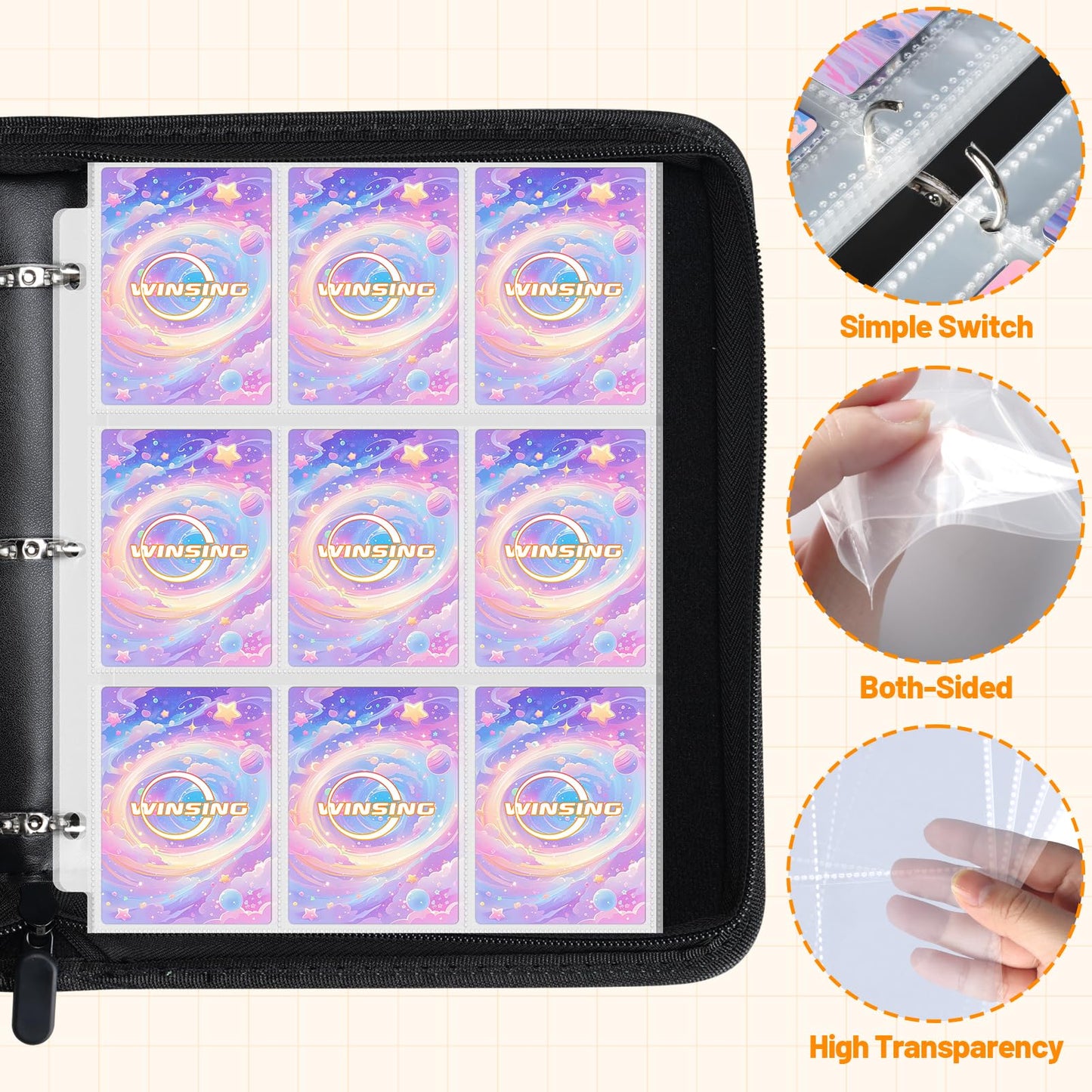 Winsing Card Binder 400 Pockets – Removable Sheets, Waterproof PU Cover, Large Black