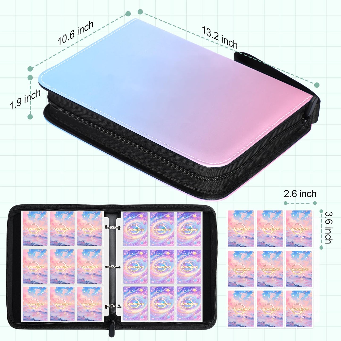 Winsing Card Binder 9-Pocket – 900 Pockets, Pink & Blue Card Holder for Games & Photocards