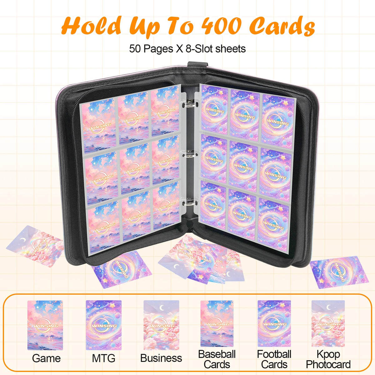 Winsing Card Binder 400 Pockets – Removable Sheets, Waterproof PU Cover, Large Black