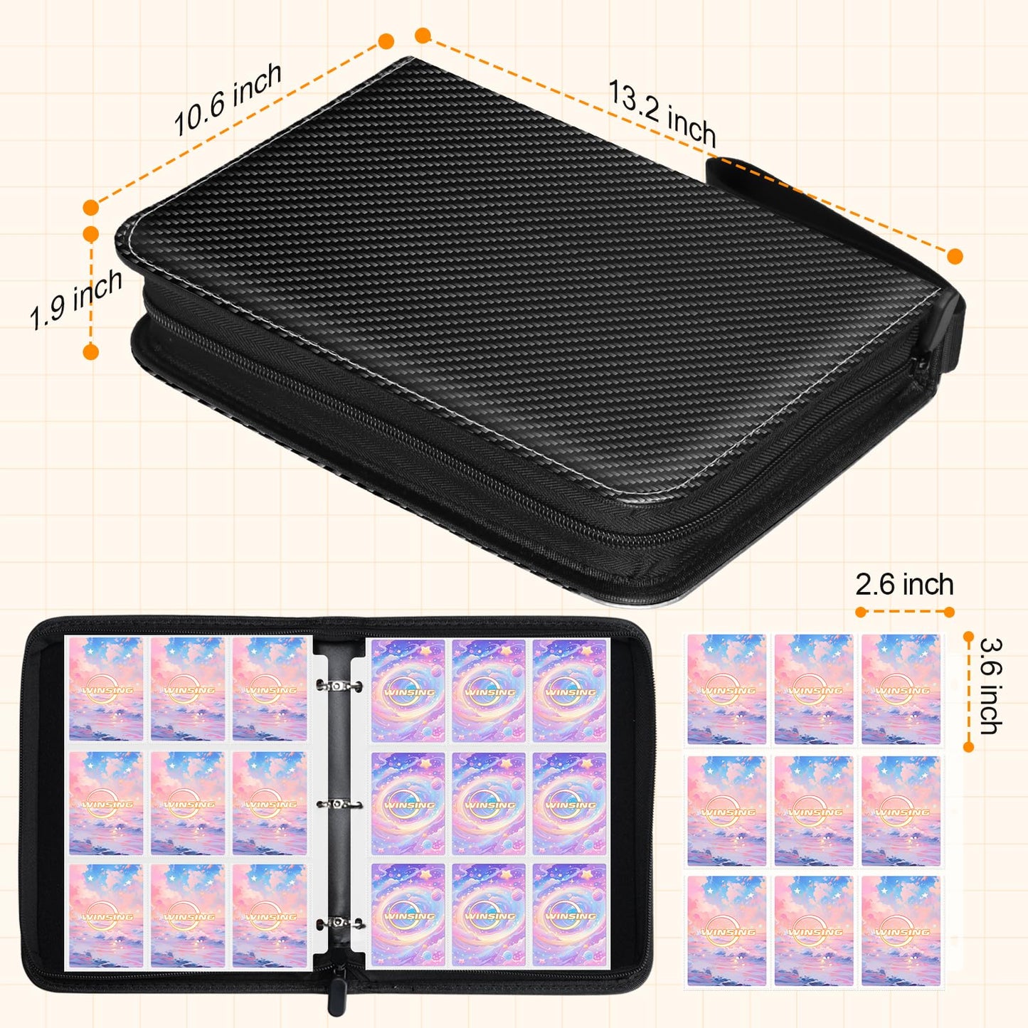 Winsing Card Binder 400 Pockets – Removable Sheets, Waterproof PU Cover, Large Black