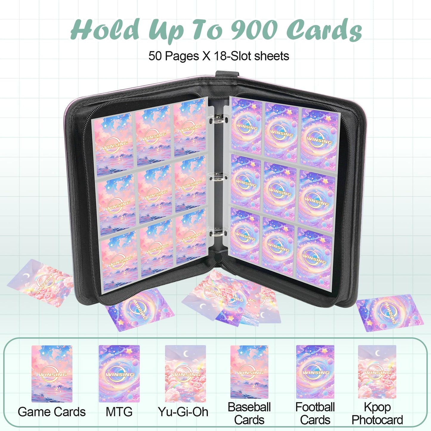 Winsing Card Binder 9-Pocket – 900 Pockets, Pink & Blue Card Holder for Games & Photocards