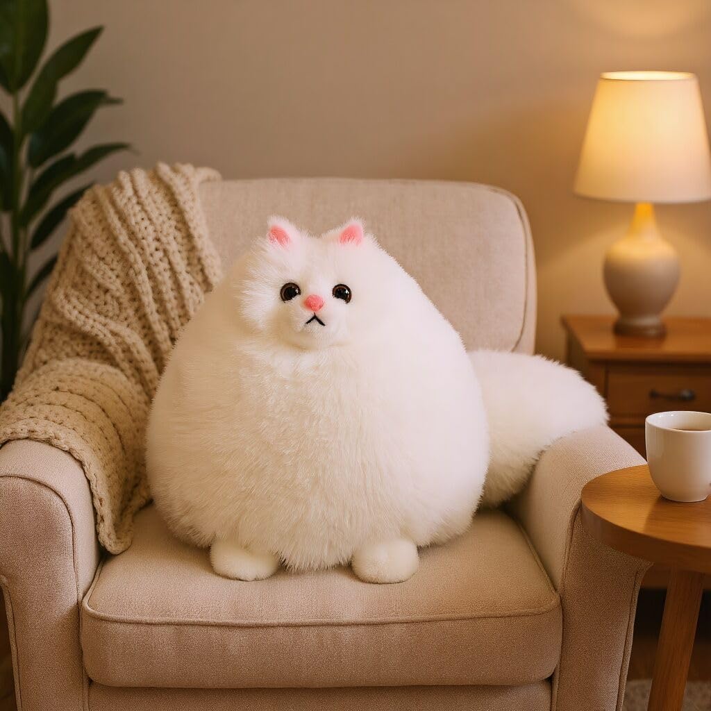 Winsterch White Fat Cat Stuffed Animal – 10-Inch Plush Cat Toy for Kids, Soft & Cuddly