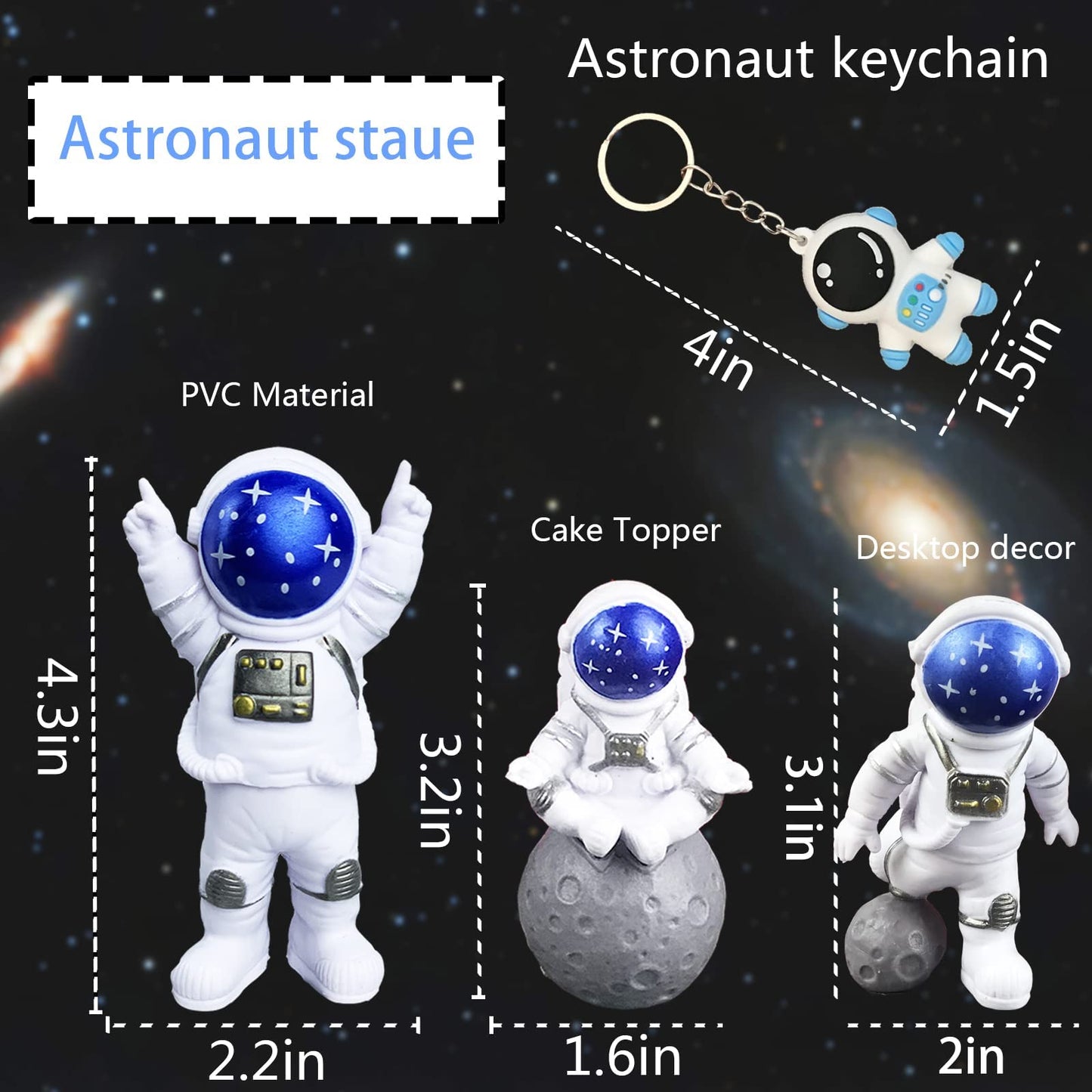 WINUSD 4PCS Astronaut Figurine Set – Blue Resin Desk Decor, 3 Figurines + Keychain