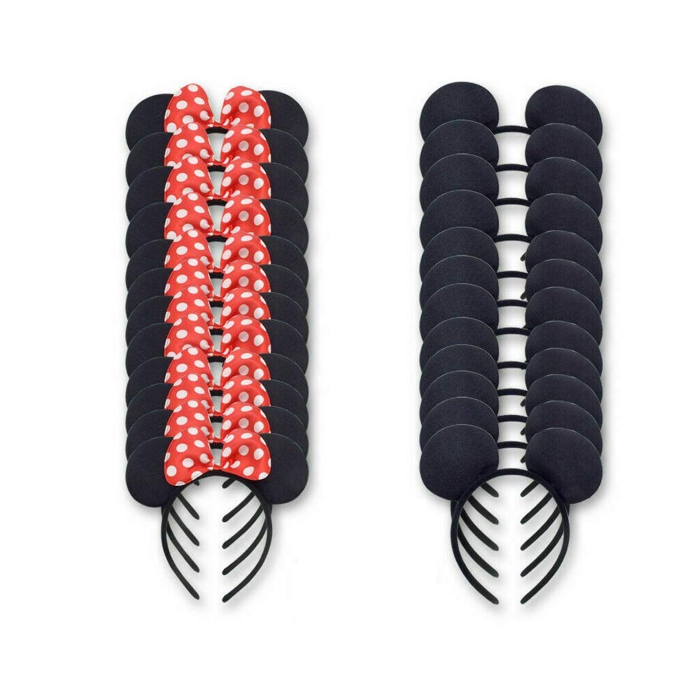 Winvin 24-Piece Mouse Deluxe Ears Headband Set – Black & Red Bow Party Favors