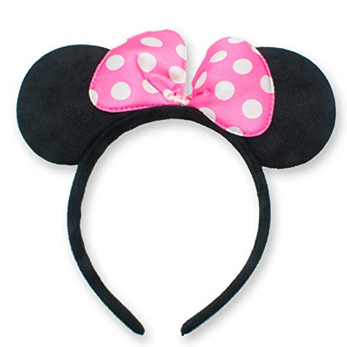 winvin Mouse Ears Headband Set – 24 Deluxe Plush Headbands, Black with Pink Bows (White Polka Dots Theme)