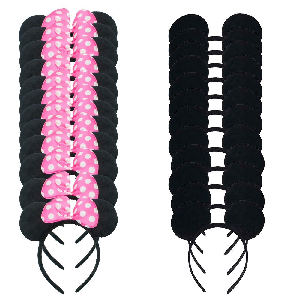 winvin Mouse Ears Headband Set – 24 Deluxe Plush Headbands, Black with Pink Bows (White Polka Dots Theme)