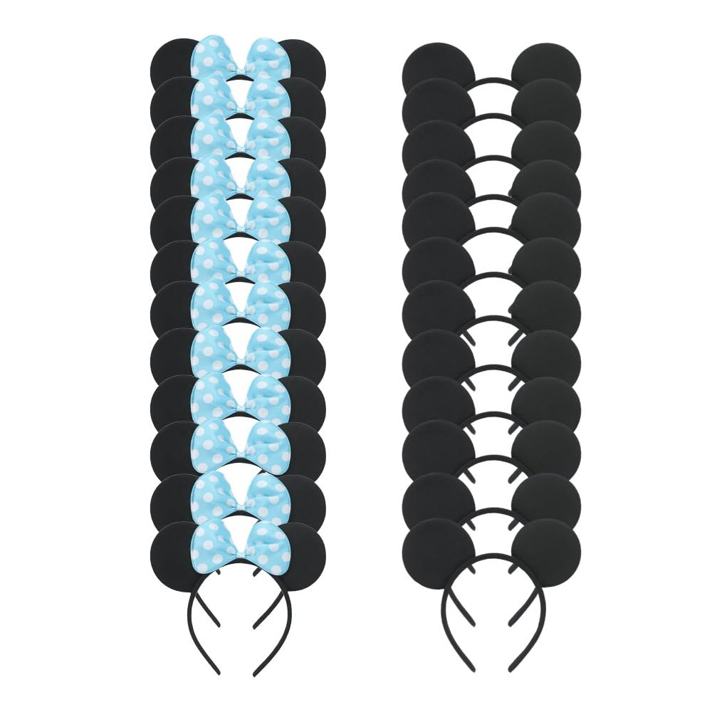 Winvin 24-Pack Mouse Ear Headbands – Deluxe Blue Polka Dot Fabric with Bow