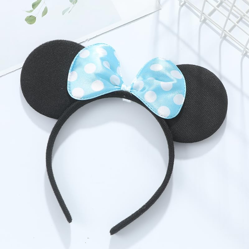 Winvin 24-Pack Mouse Ear Headbands – Deluxe Blue Polka Dot Fabric with Bow