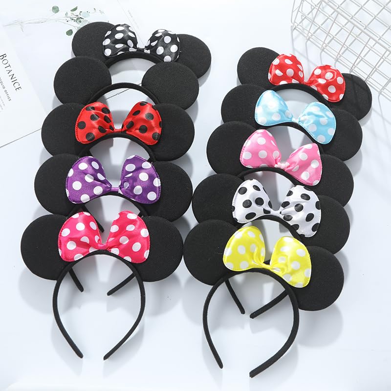 Winvin 24-Pack Mouse Ear Headbands – Deluxe Blue Polka Dot Fabric with Bow