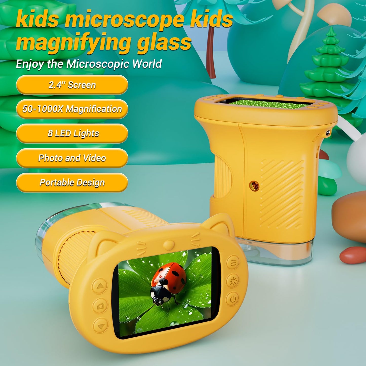 WINWEND 2.4-Inch Screen Pocket Microscope – 50X-1000X, 1080P HD, Portable STEM Toy (Orange)