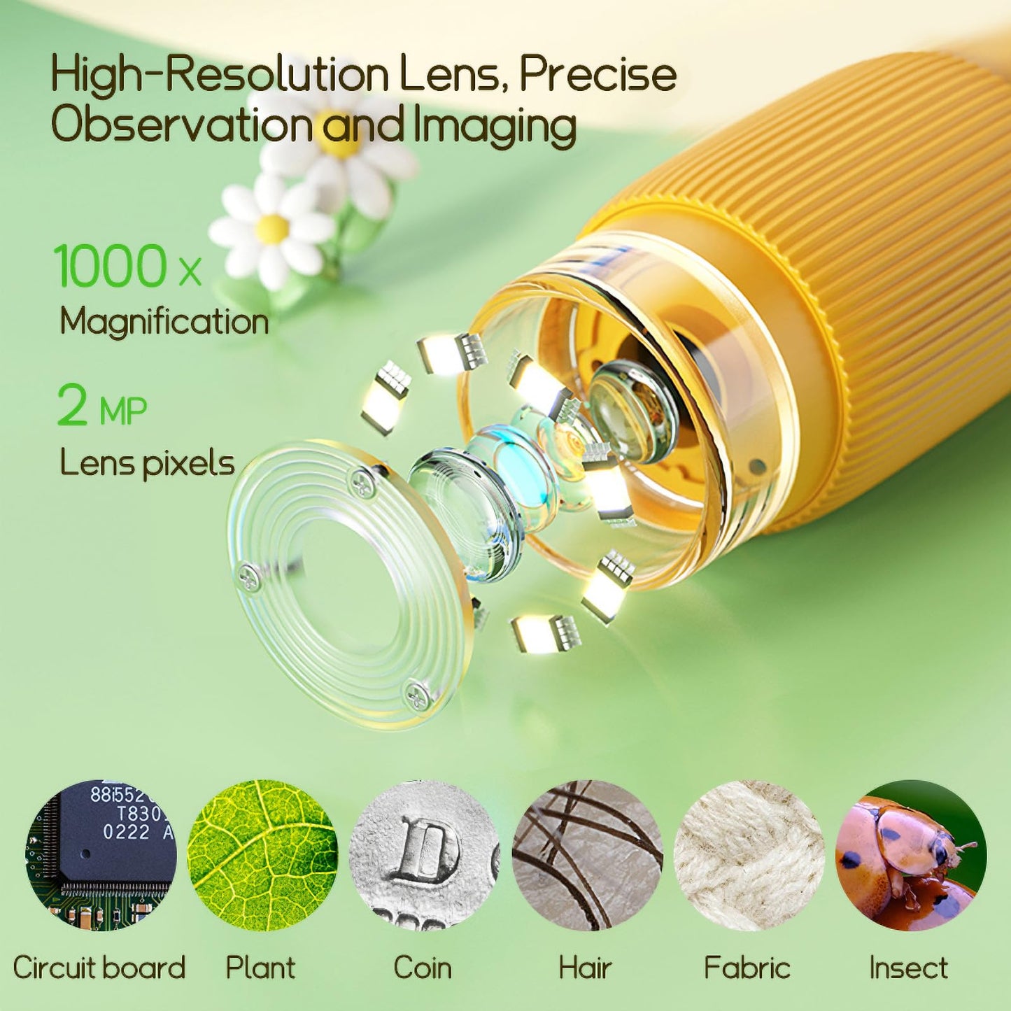 WINWEND Kids Pocket Microscope 1000X – Portable Digital Mini Microscope for Ages 3-10 | 400-Photo Built-In Storage