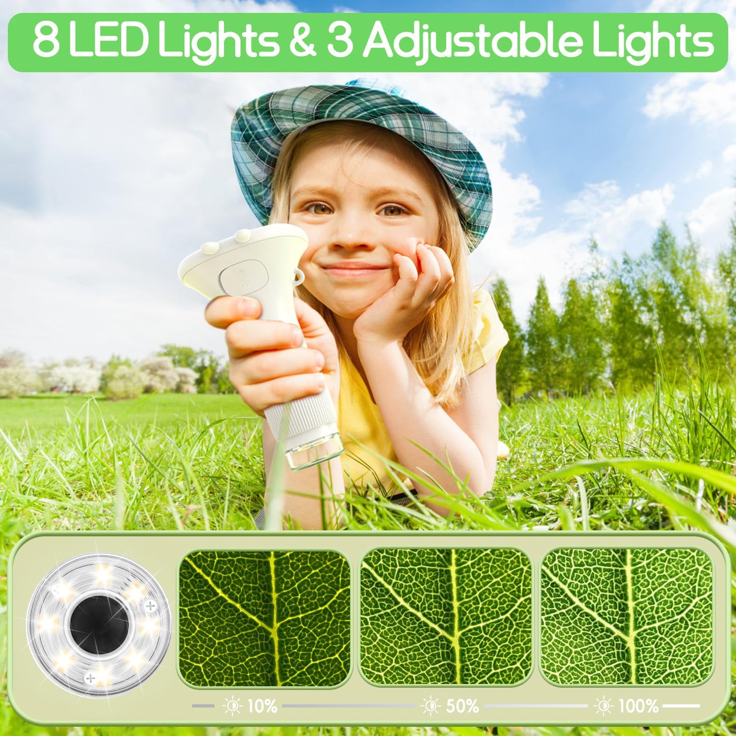 WINWEND Kids Microscope — Portable Handheld Digital Microscope 100x-1000x, 8 LED Lights, 400-Photo Storage