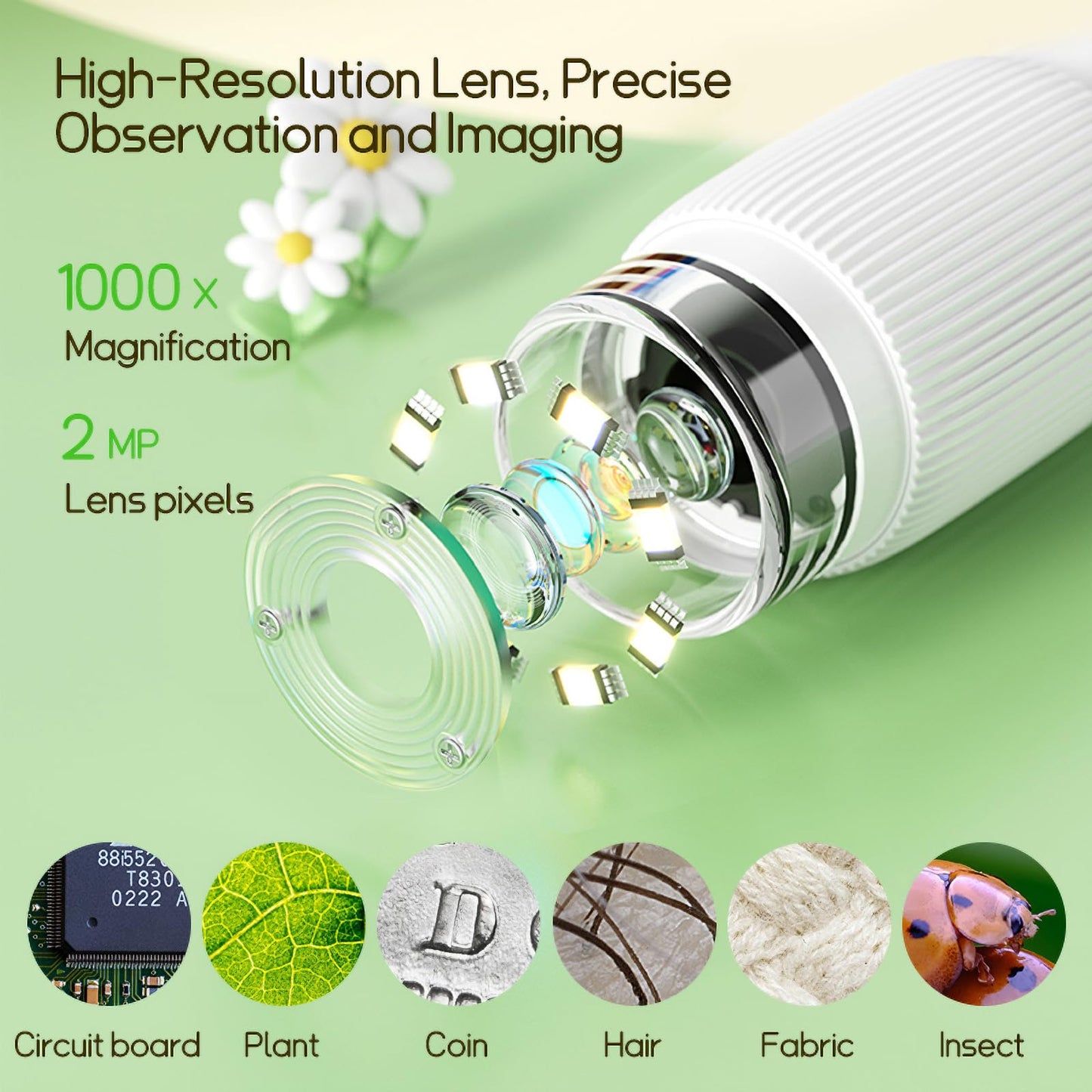 WINWEND Kids Microscope — Portable Handheld Digital Microscope 100x-1000x, 8 LED Lights, 400-Photo Storage