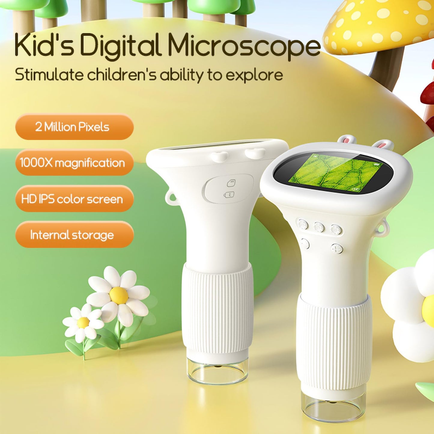 WINWEND Kids Microscope — Portable Handheld Digital Microscope 100x-1000x, 8 LED Lights, 400-Photo Storage