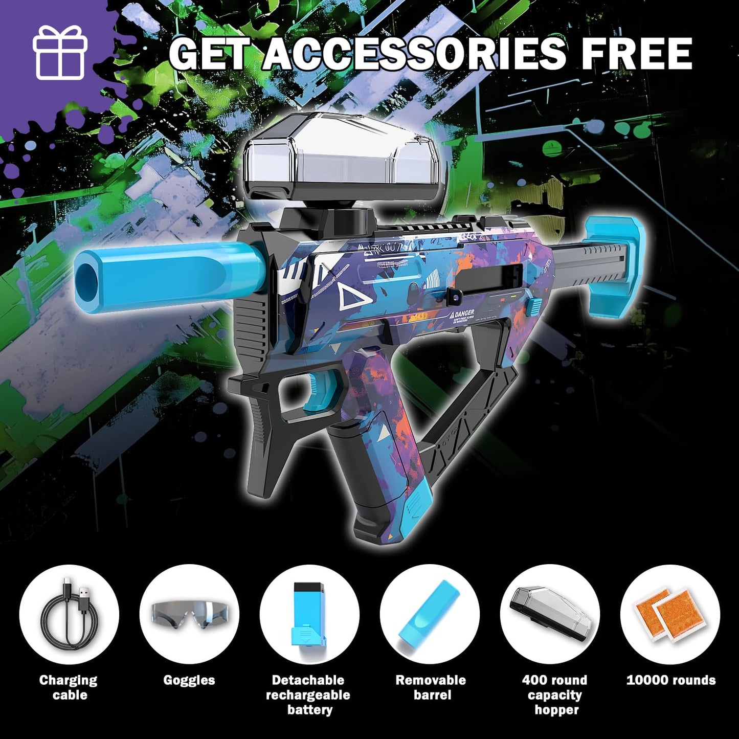 Winyea Electric Gel Ball Blaster - 65.5ft Range, 10k Rounds, Rechargeable Battery