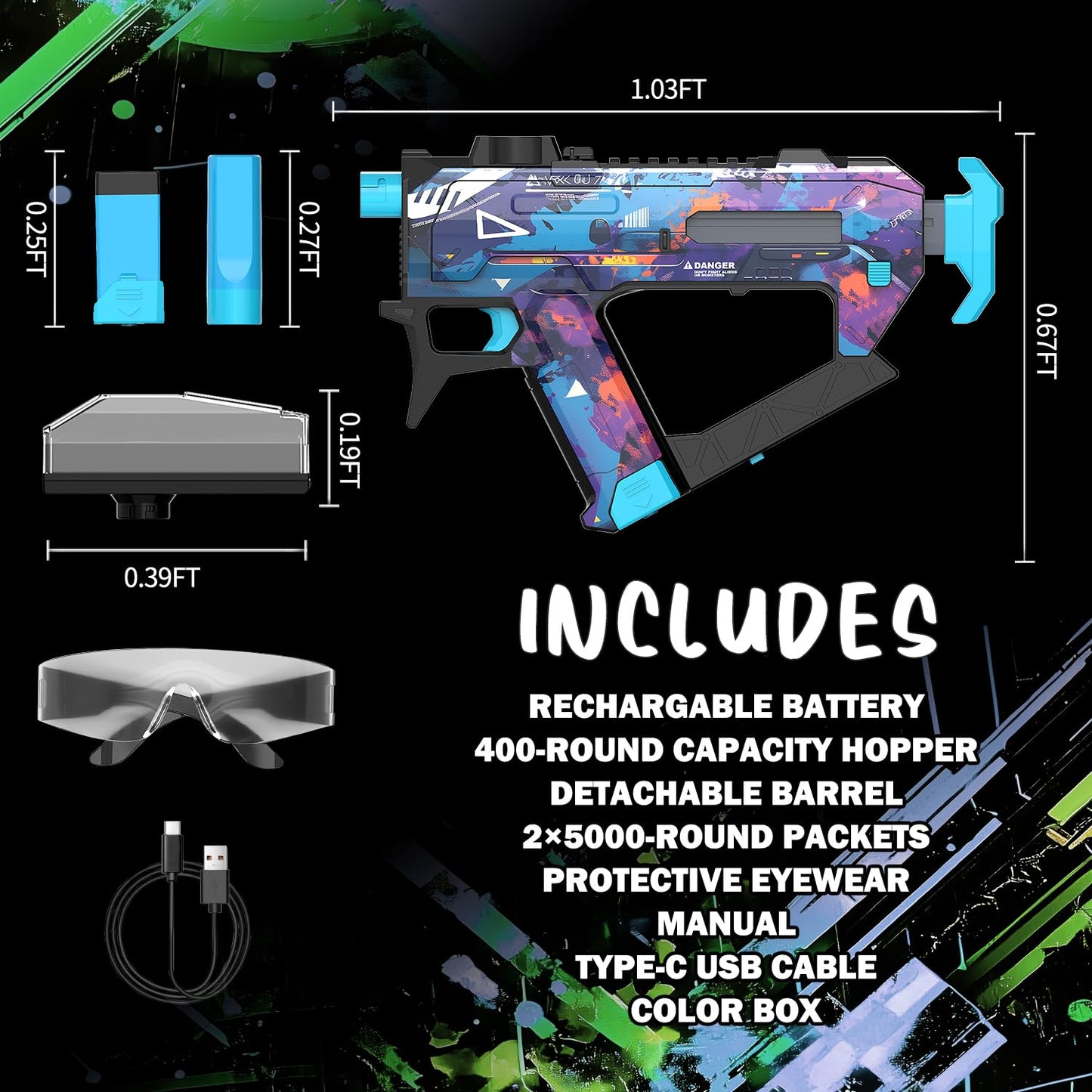 Winyea Electric Gel Ball Blaster - 65.5ft Range, 10k Rounds, Rechargeable Battery