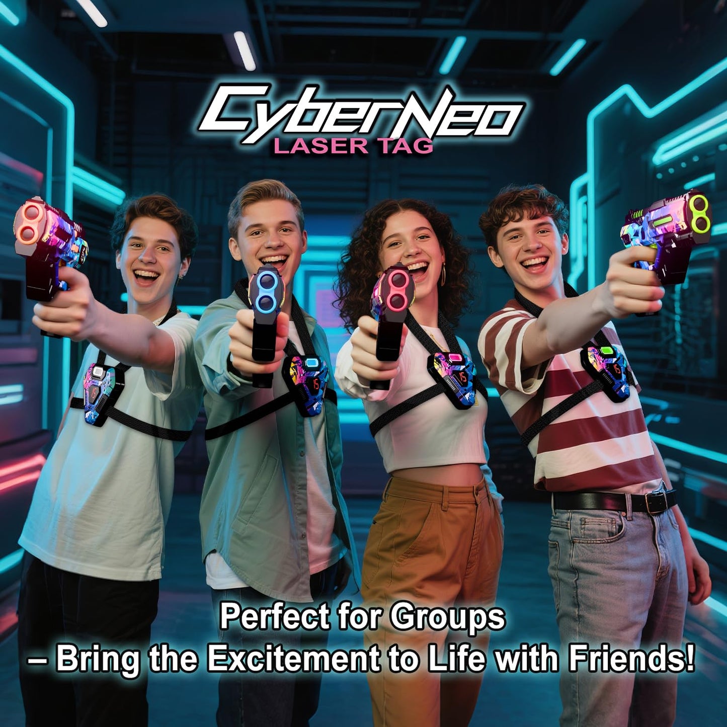 Winyea Tag Laser Tag Set of 4 – LED Cyberpunk Guns & Vests, 150 ft Range, 1–99 Lives