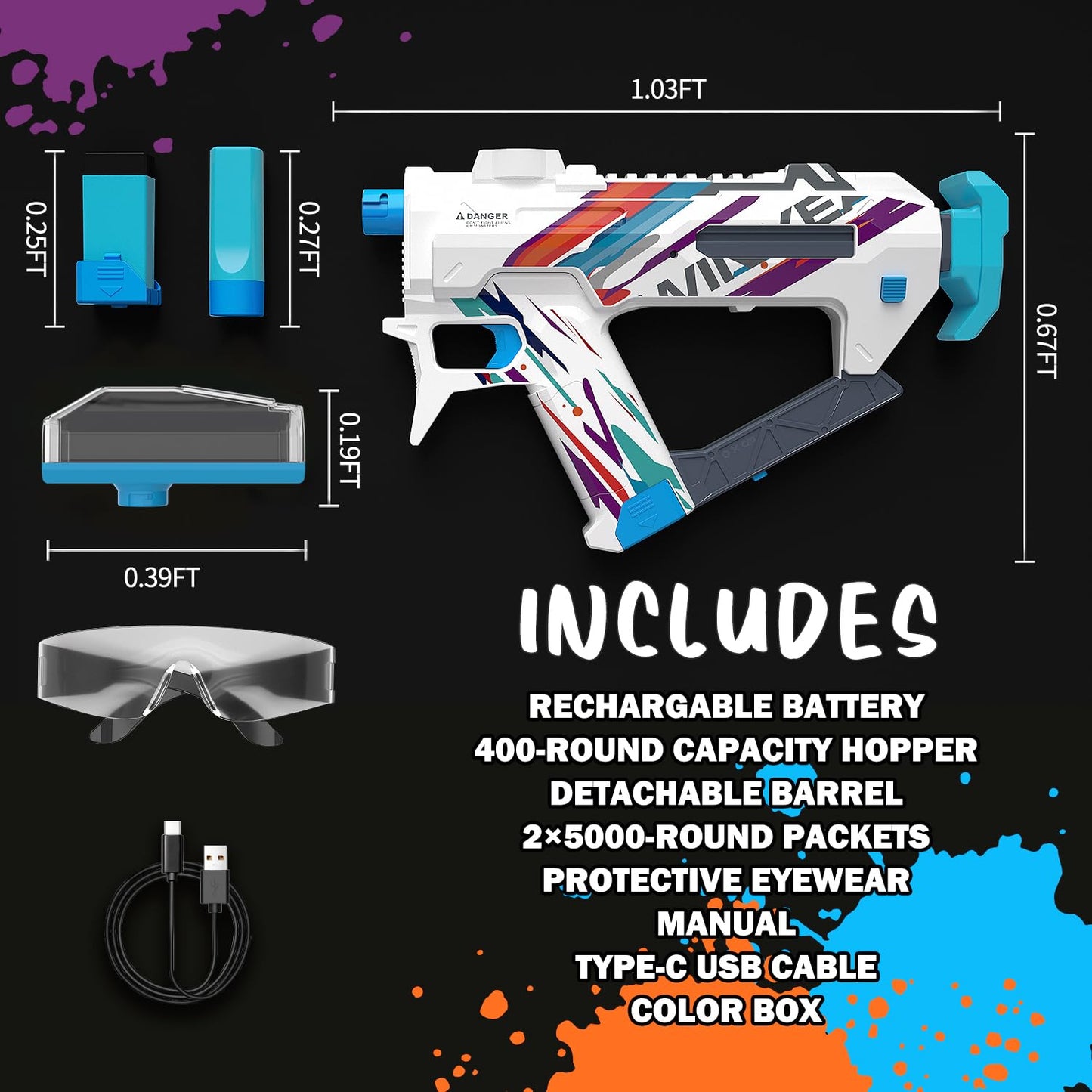 Winyea Tag Electric Crystal Splatter Ball Blaster — 65.5ft Range, 400 Round Hopper