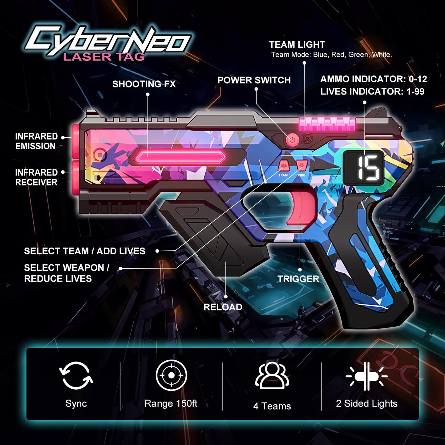 Winyea Tag Laser Tag Set of 4 – LED Cyberpunk Guns & Vests, 150 ft Range, 1–99 Lives