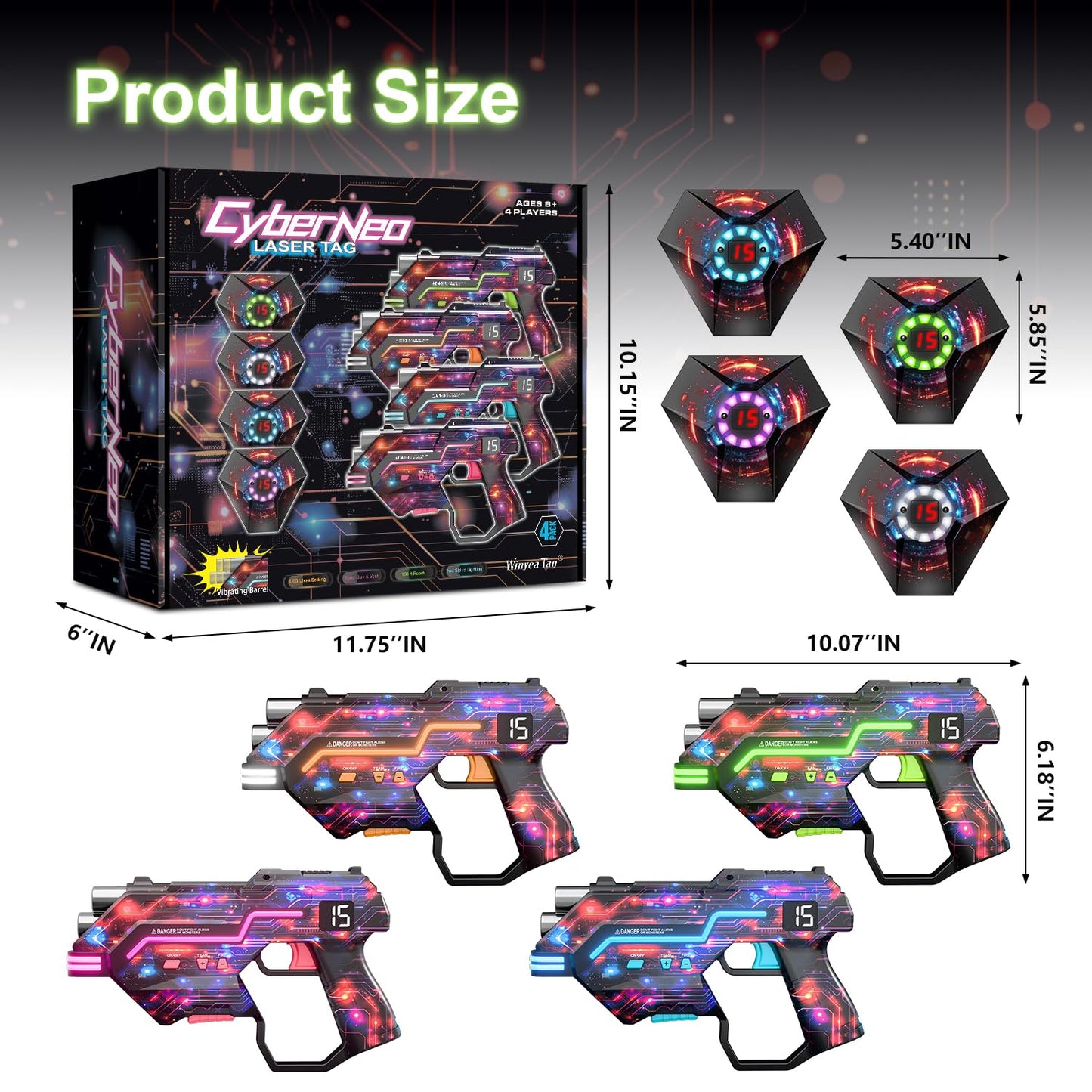 Winyea Tag Laser Tag Guns Set of 4 – LED Vest, Dynamic Barrel, 150ft Range
