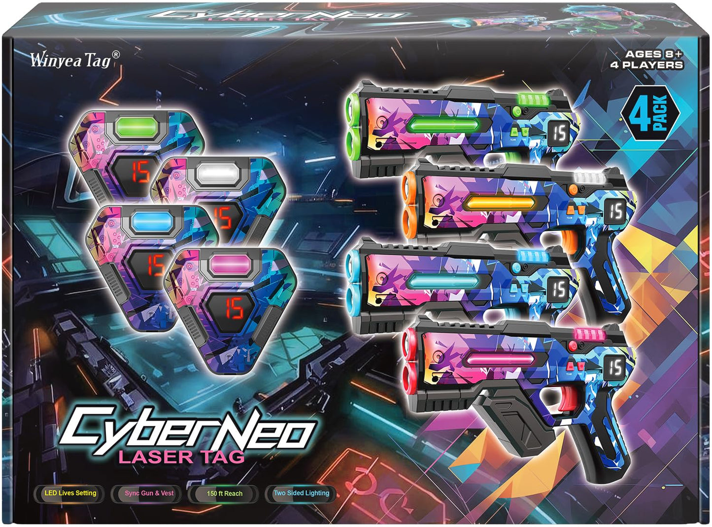 Winyea Tag Laser Tag Set of 4 – LED Cyberpunk Guns & Vests, 150 ft Range, 1–99 Lives