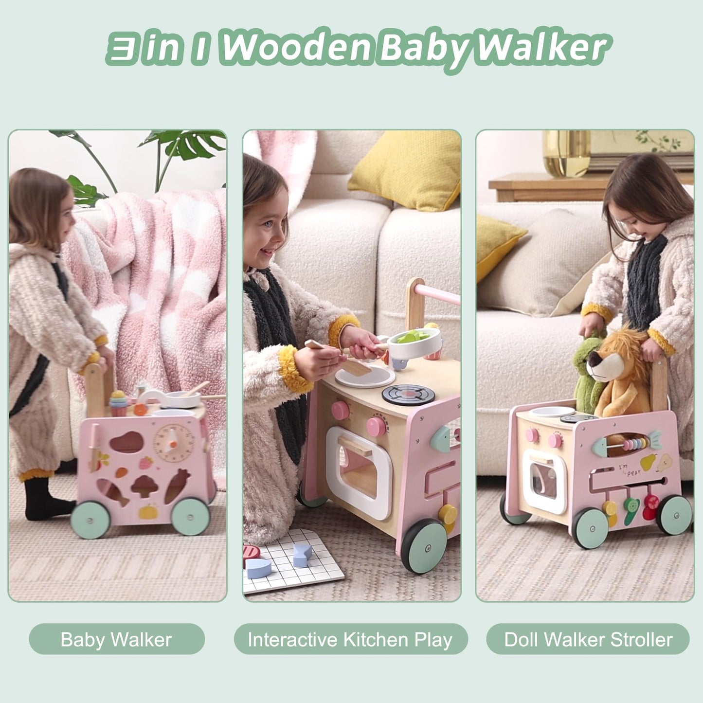 wiqins Wooden 9-in-1 Baby Walker & Activity Center — Montessori Sensory Toys & Push Walker with Storage