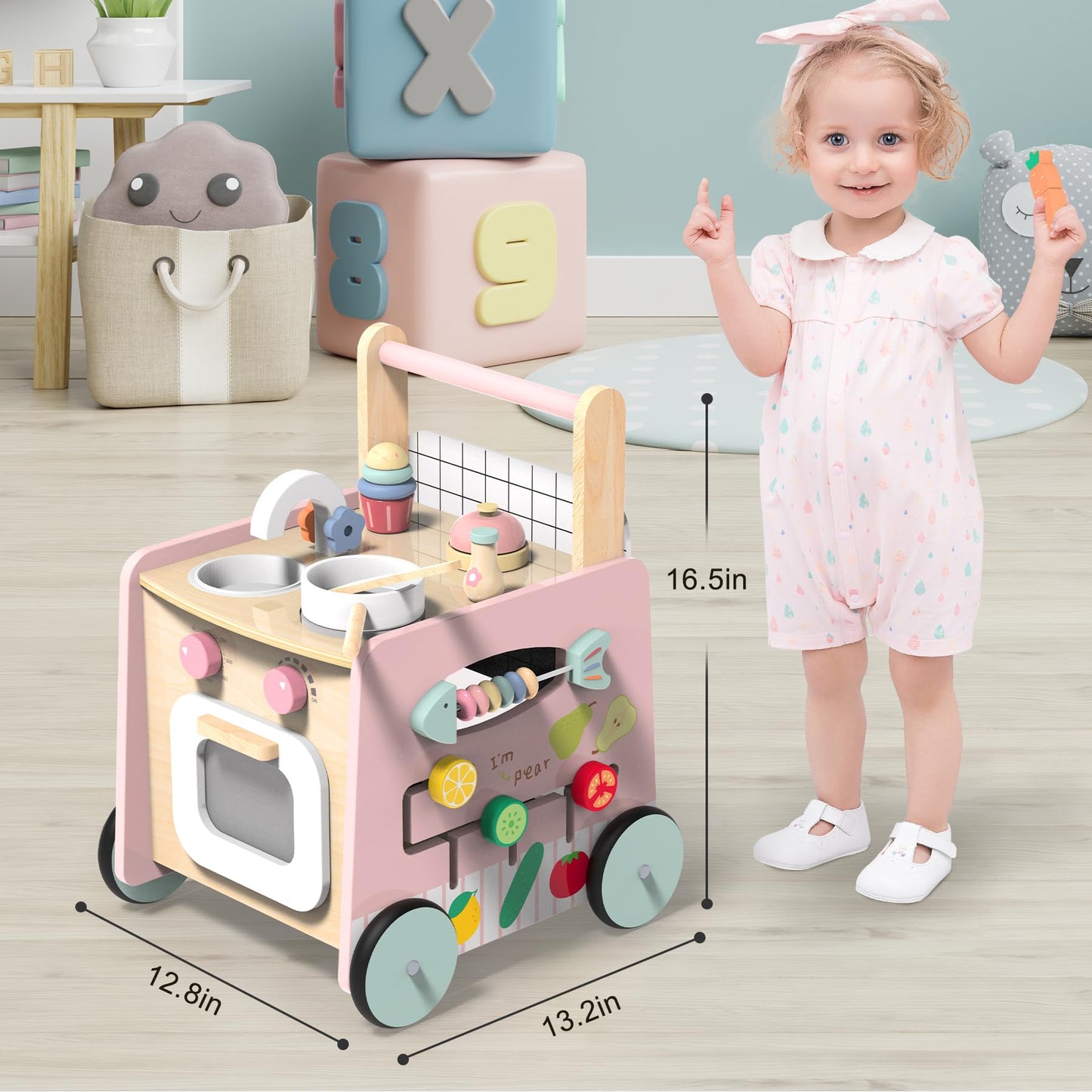 wiqins Wooden 9-in-1 Baby Walker & Activity Center — Montessori Sensory Toys & Push Walker with Storage