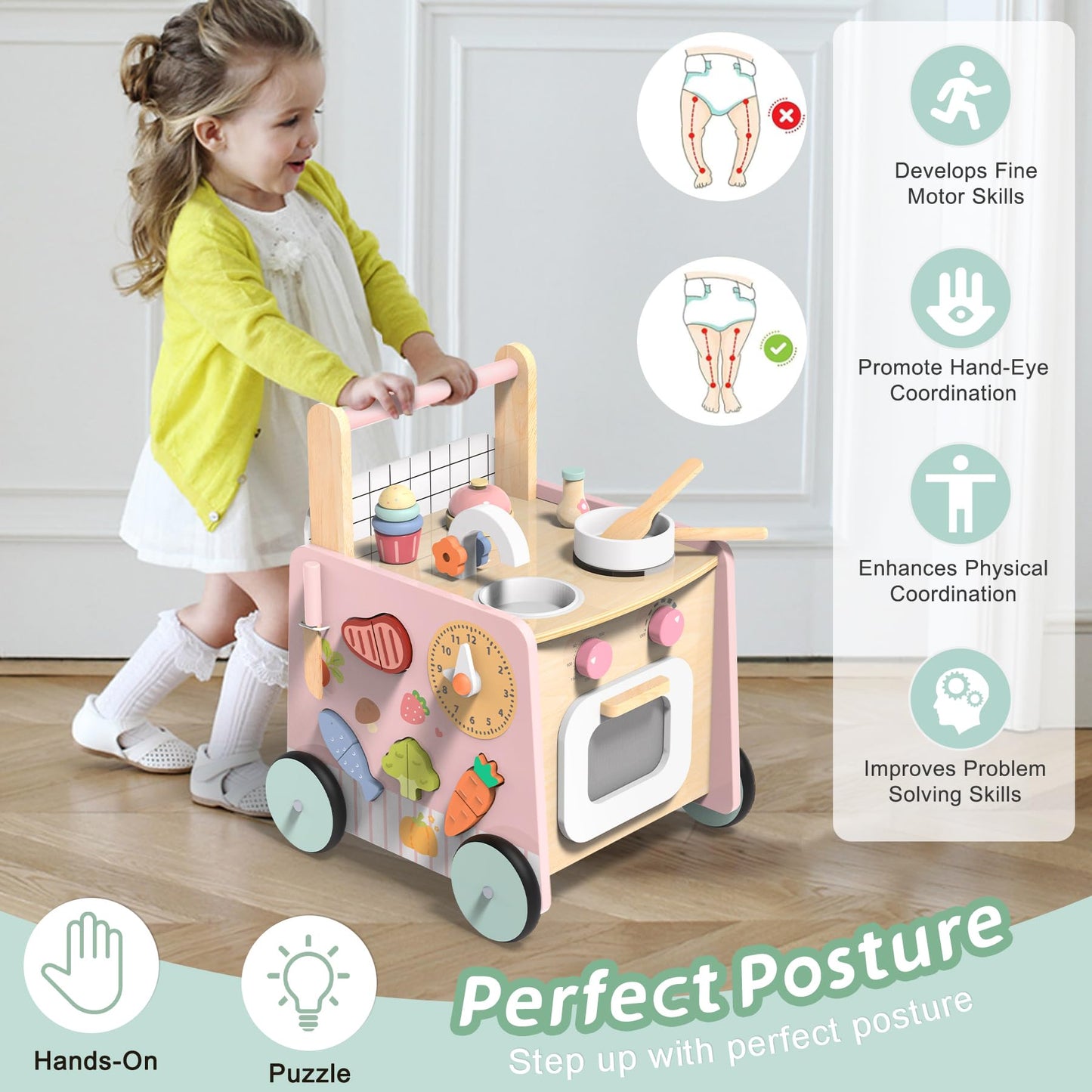 wiqins Wooden 9-in-1 Baby Walker & Activity Center — Montessori Sensory Toys & Push Walker with Storage
