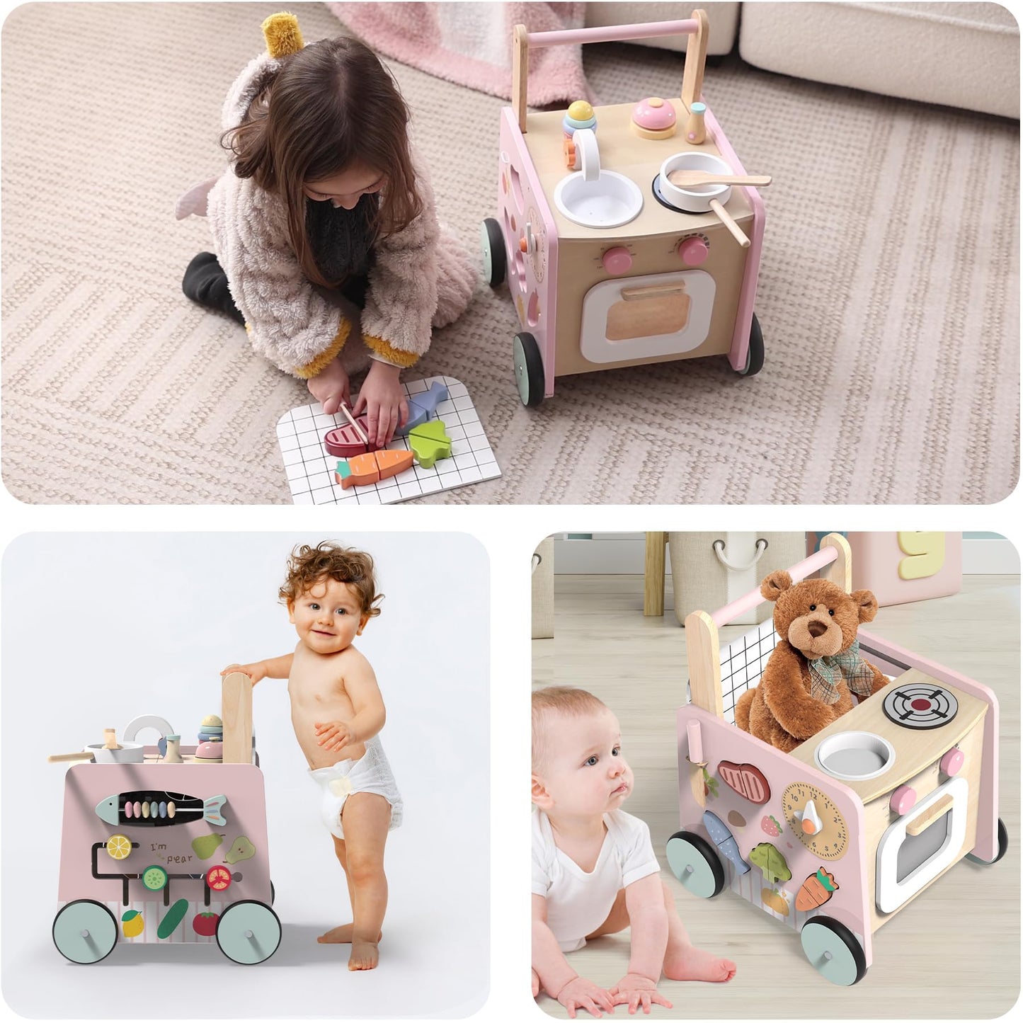 wiqins Wooden 9-in-1 Baby Walker & Activity Center — Montessori Sensory Toys & Push Walker with Storage