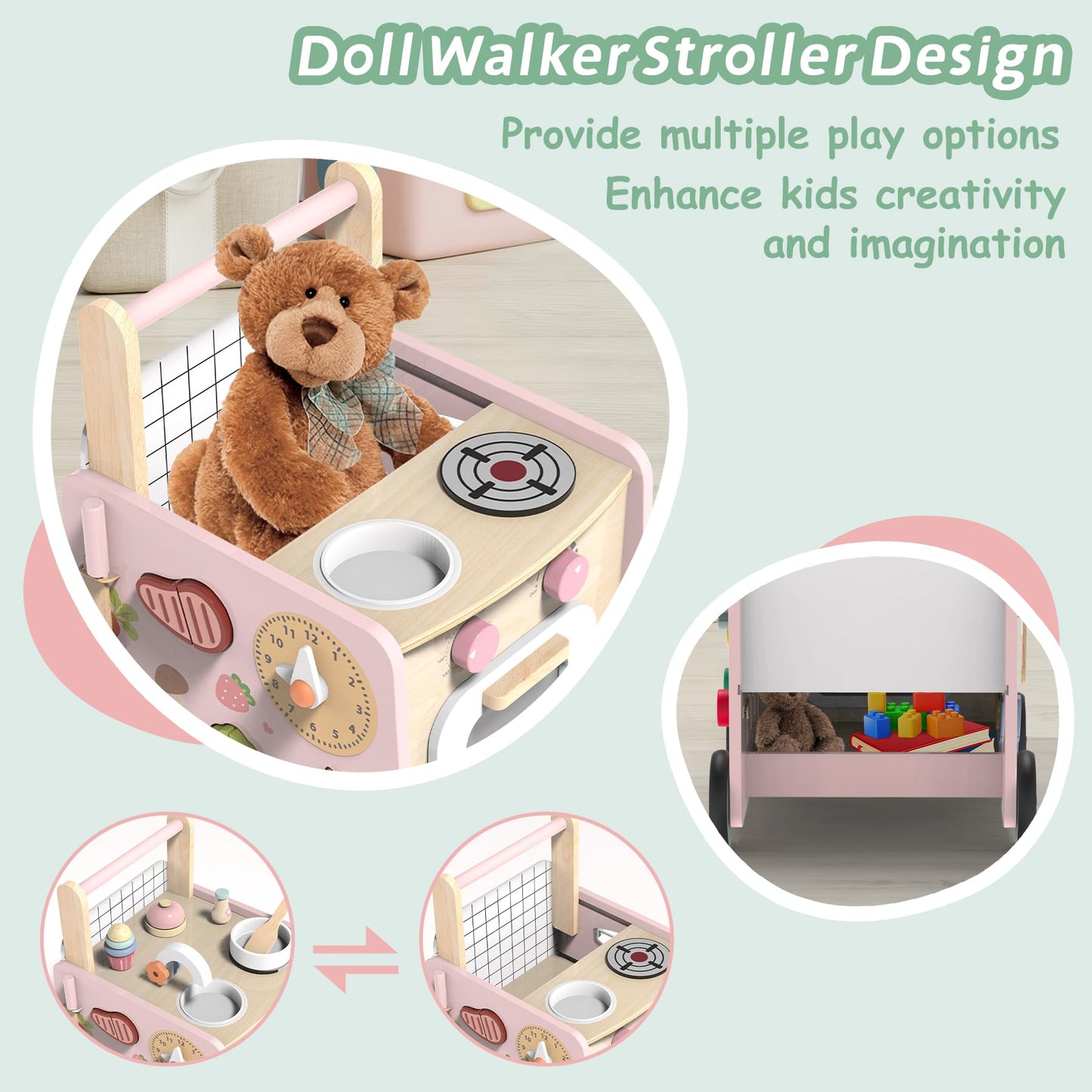 wiqins Wooden 9-in-1 Baby Walker & Activity Center — Montessori Sensory Toys & Push Walker with Storage