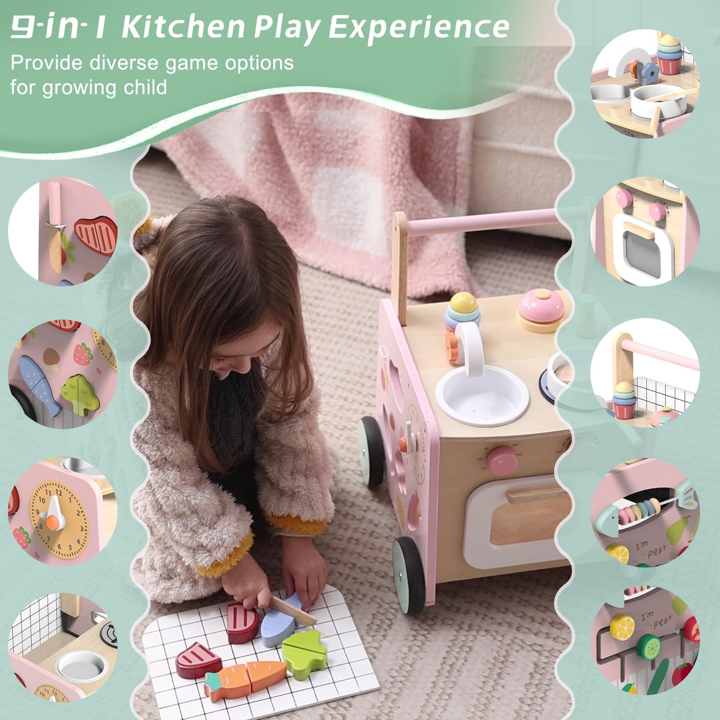 wiqins Wooden 9-in-1 Baby Walker & Activity Center — Montessori Sensory Toys & Push Walker with Storage