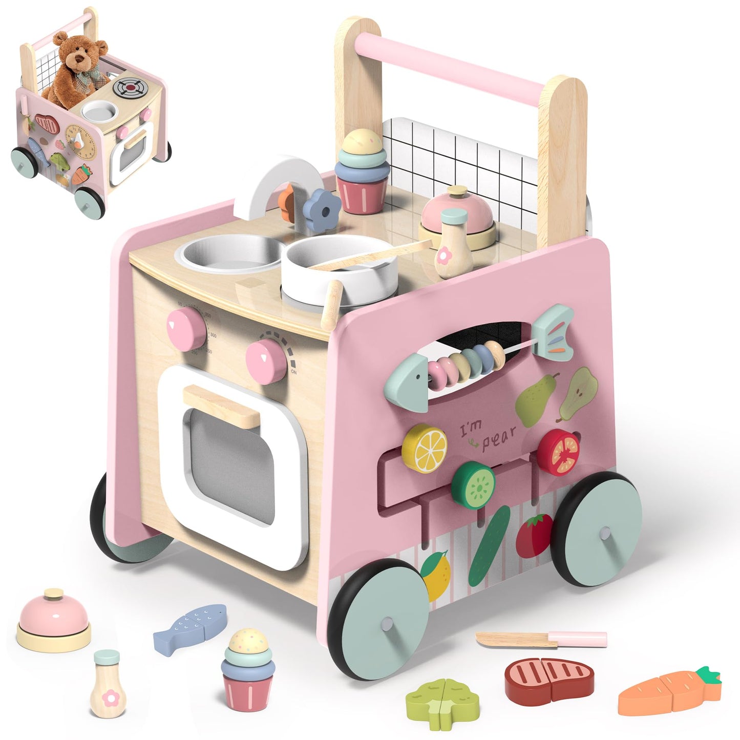wiqins Wooden 9-in-1 Baby Walker & Activity Center — Montessori Sensory Toys & Push Walker with Storage
