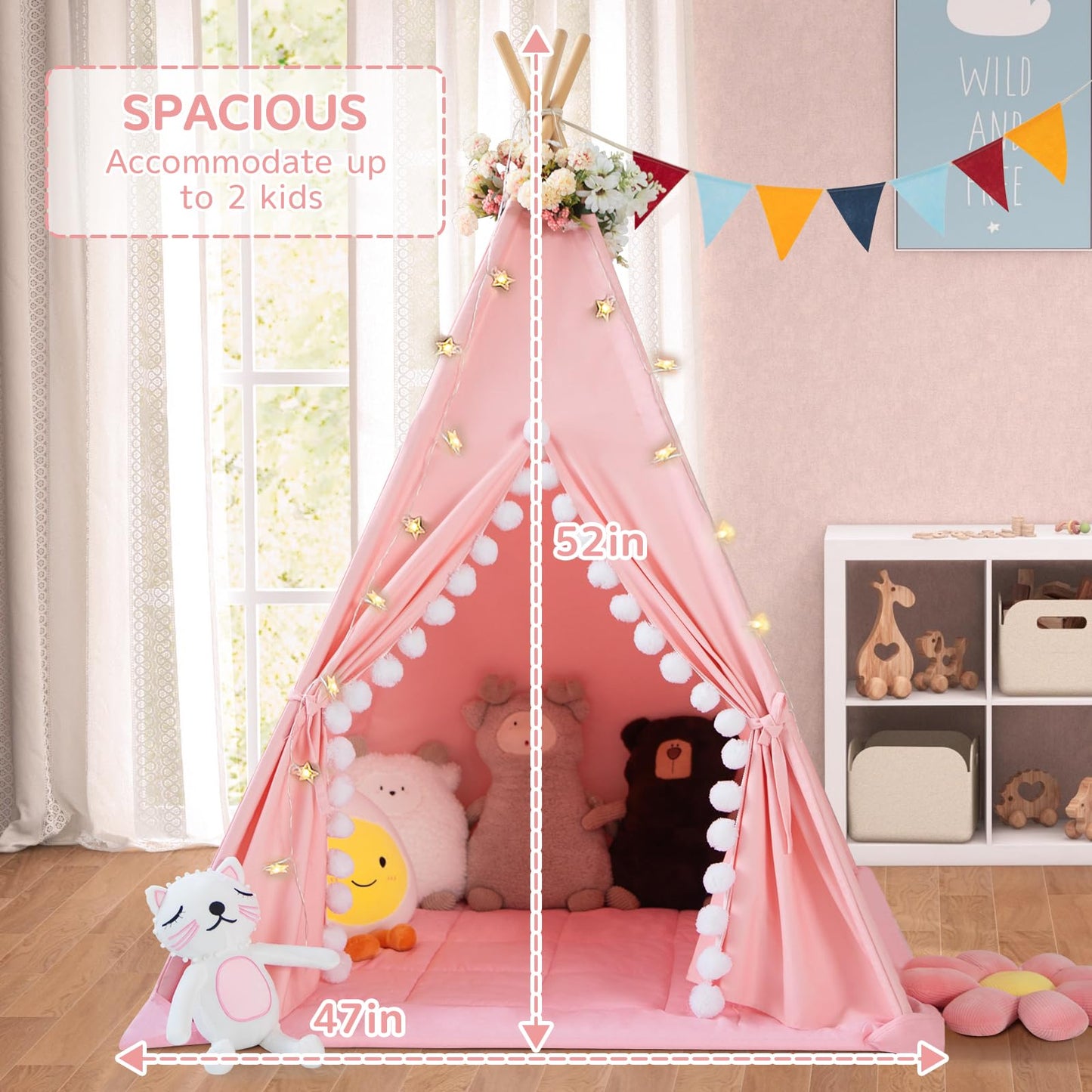 Wirhao Teepee Tent for Kids with Padded Mat – Cotton Canvas Indoor Play Tent (Pink)